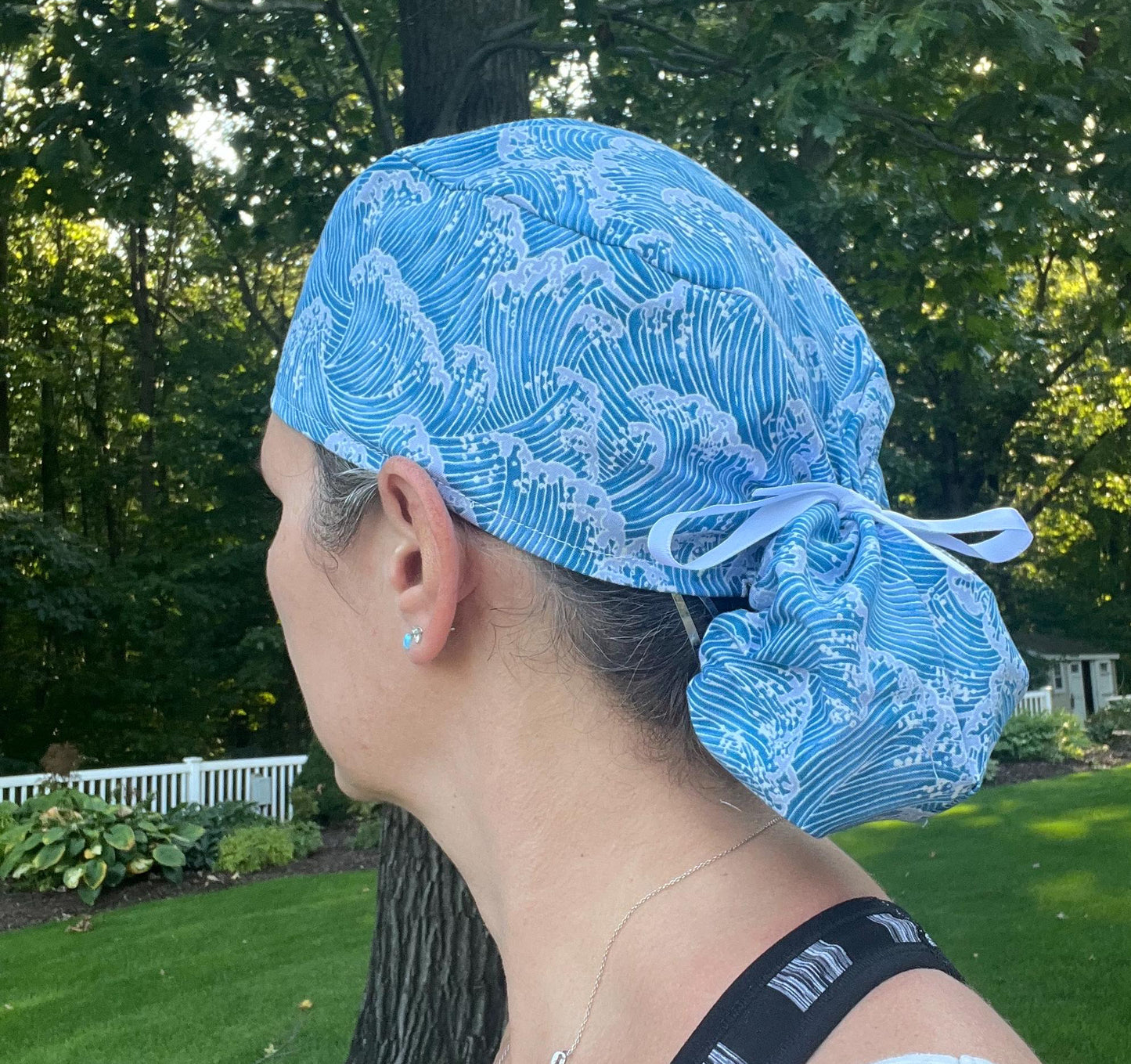 Hokusai blue japanese waves ponytail scrub cap womens