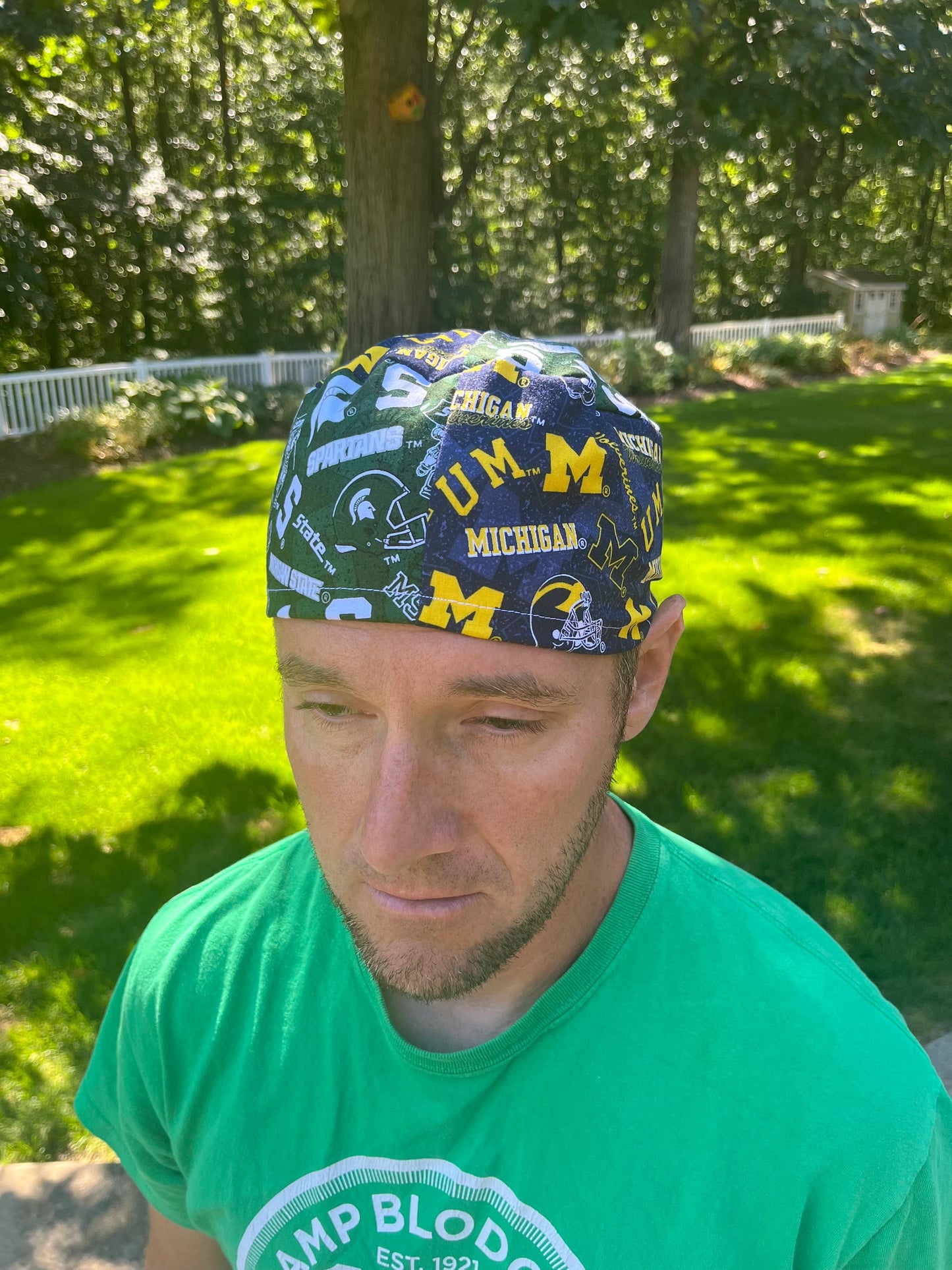 MSU U of M michigan state university house divided skull scrub cap mens