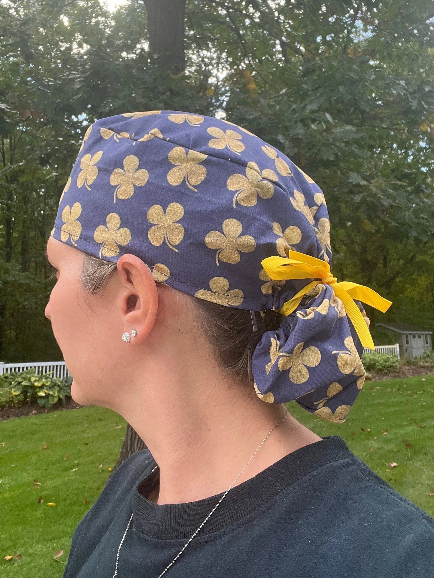 Notre dame Irish blue gold shamrock shamrocks ponytail scrub cap womens