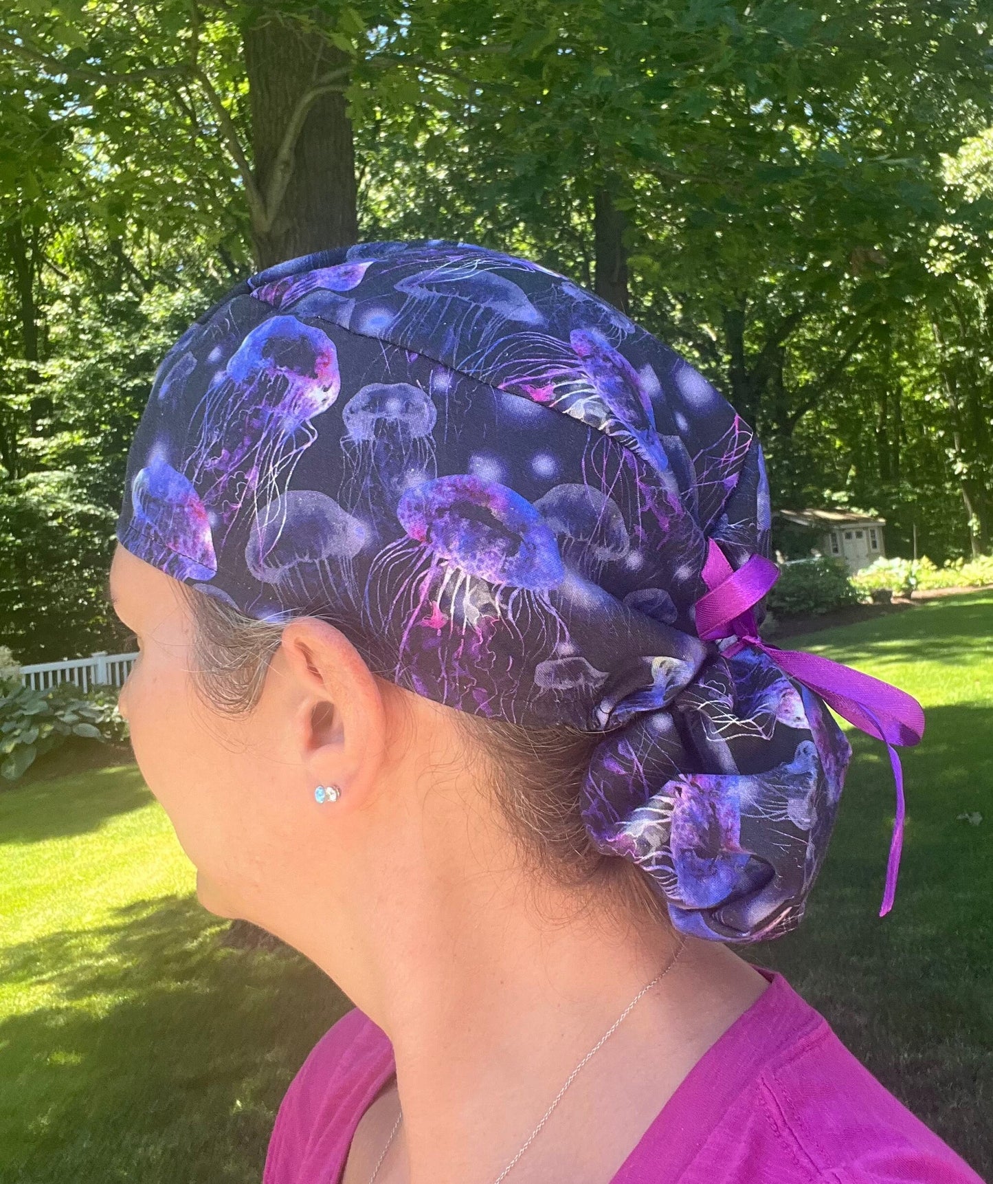 Jellyfish purple ponytail scrub cap womens