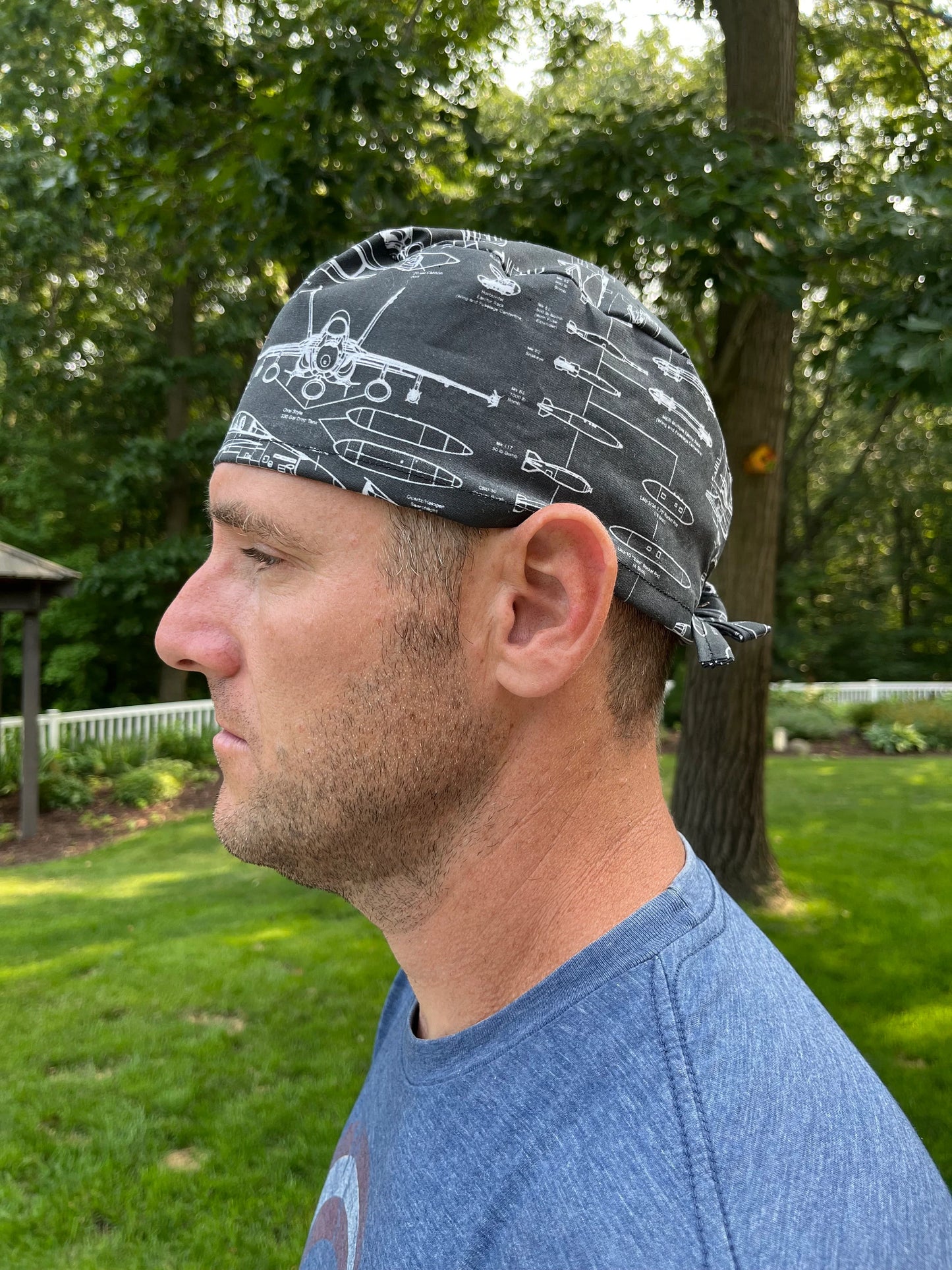 Hornet F-18 fighter blueprints jet plane skull scrub cap mens