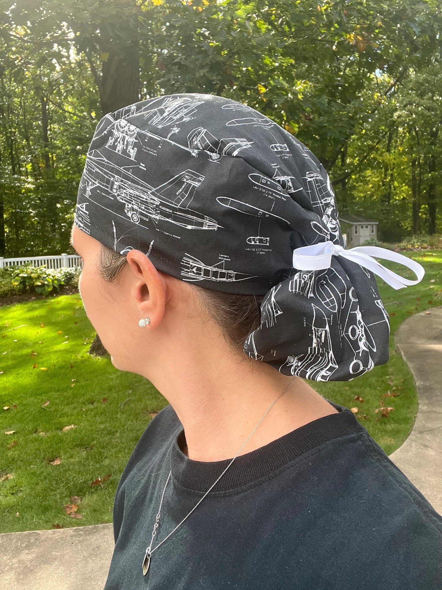 Hornet F-18 fighter blueprints jet plane ponytail scrub cap womens