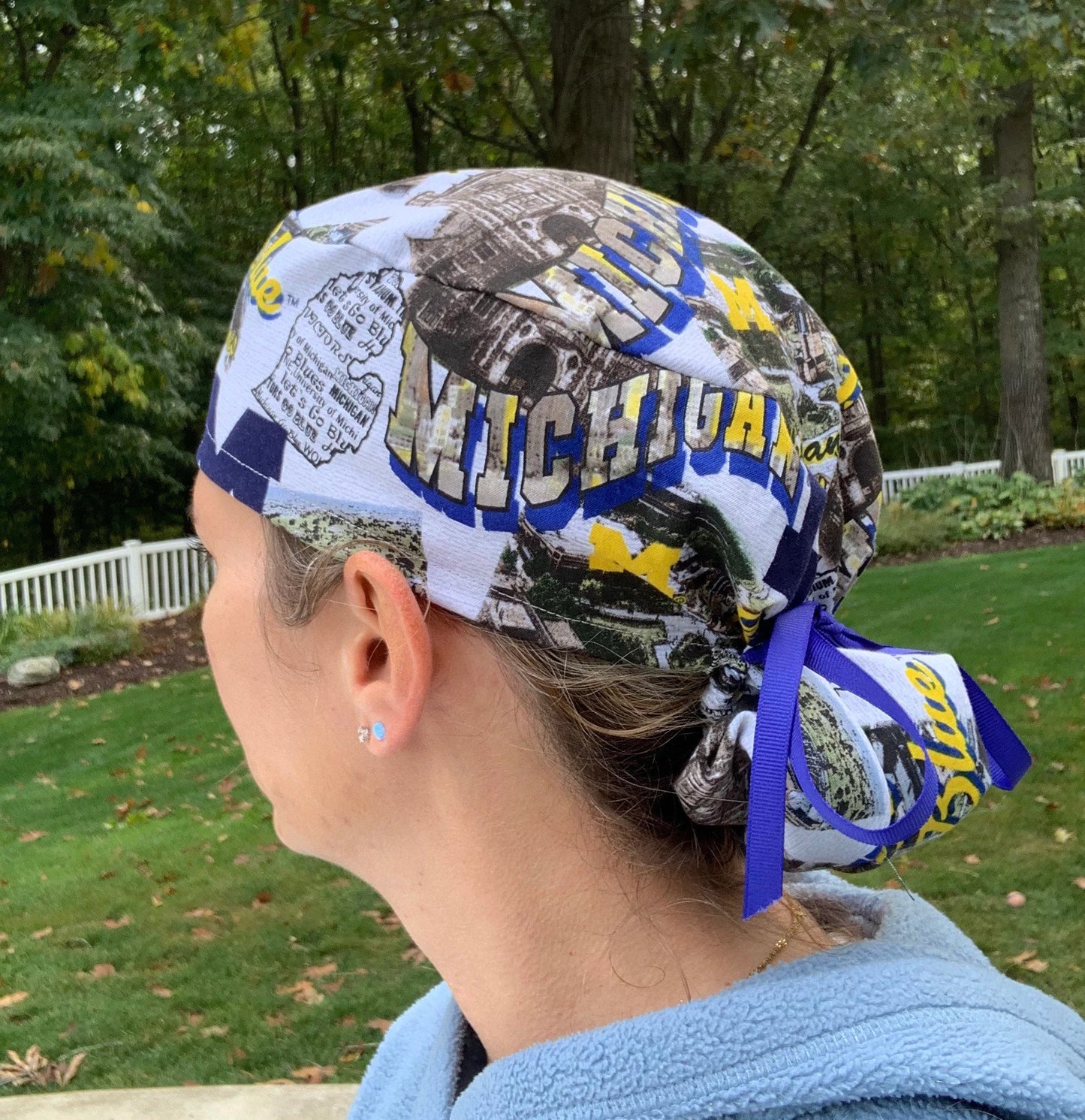 University of Michigan wolverines maize blue u of m landmarks ponytail scrub cap womens