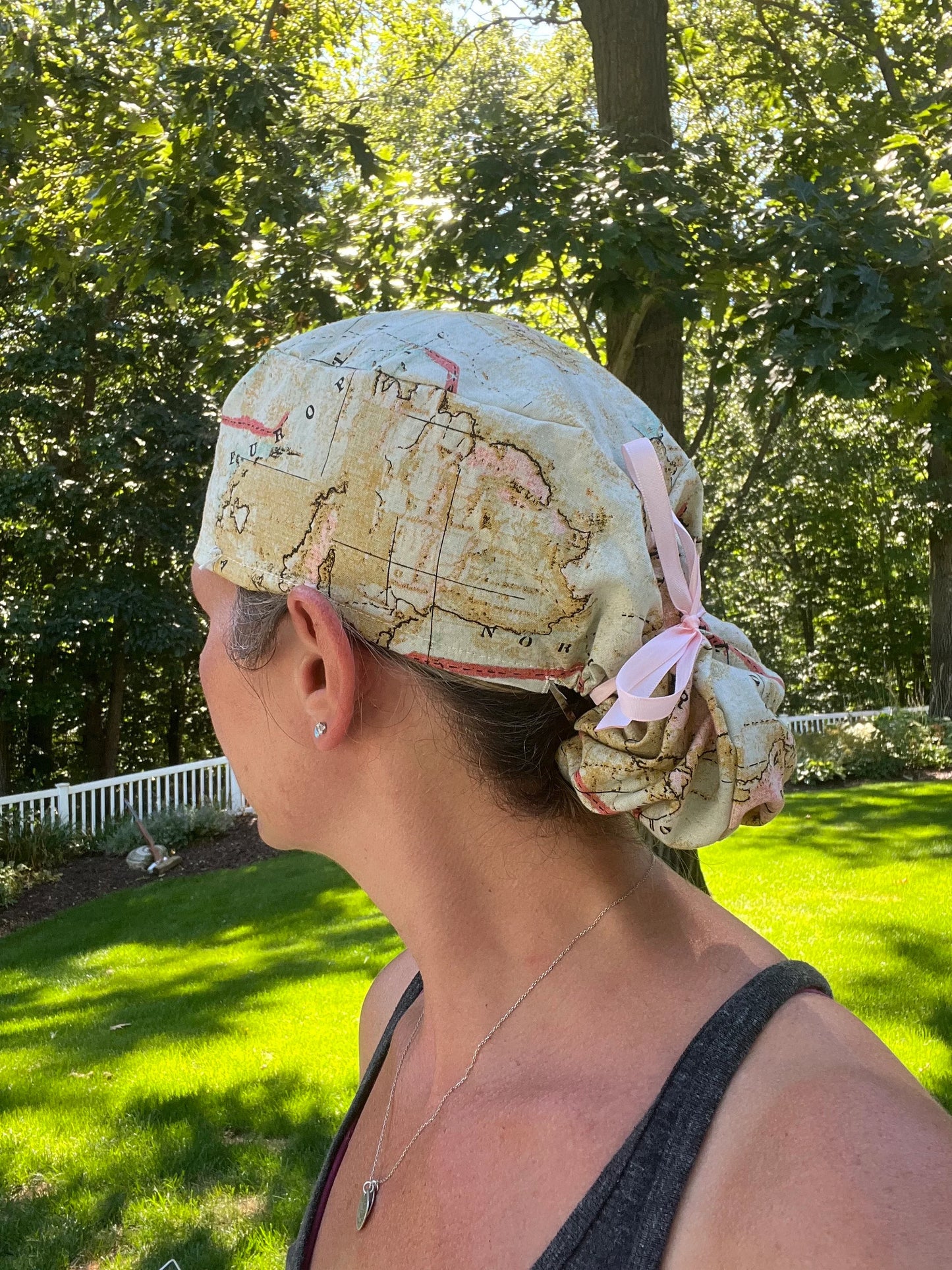 Map world antique ponytail scrub cap womens