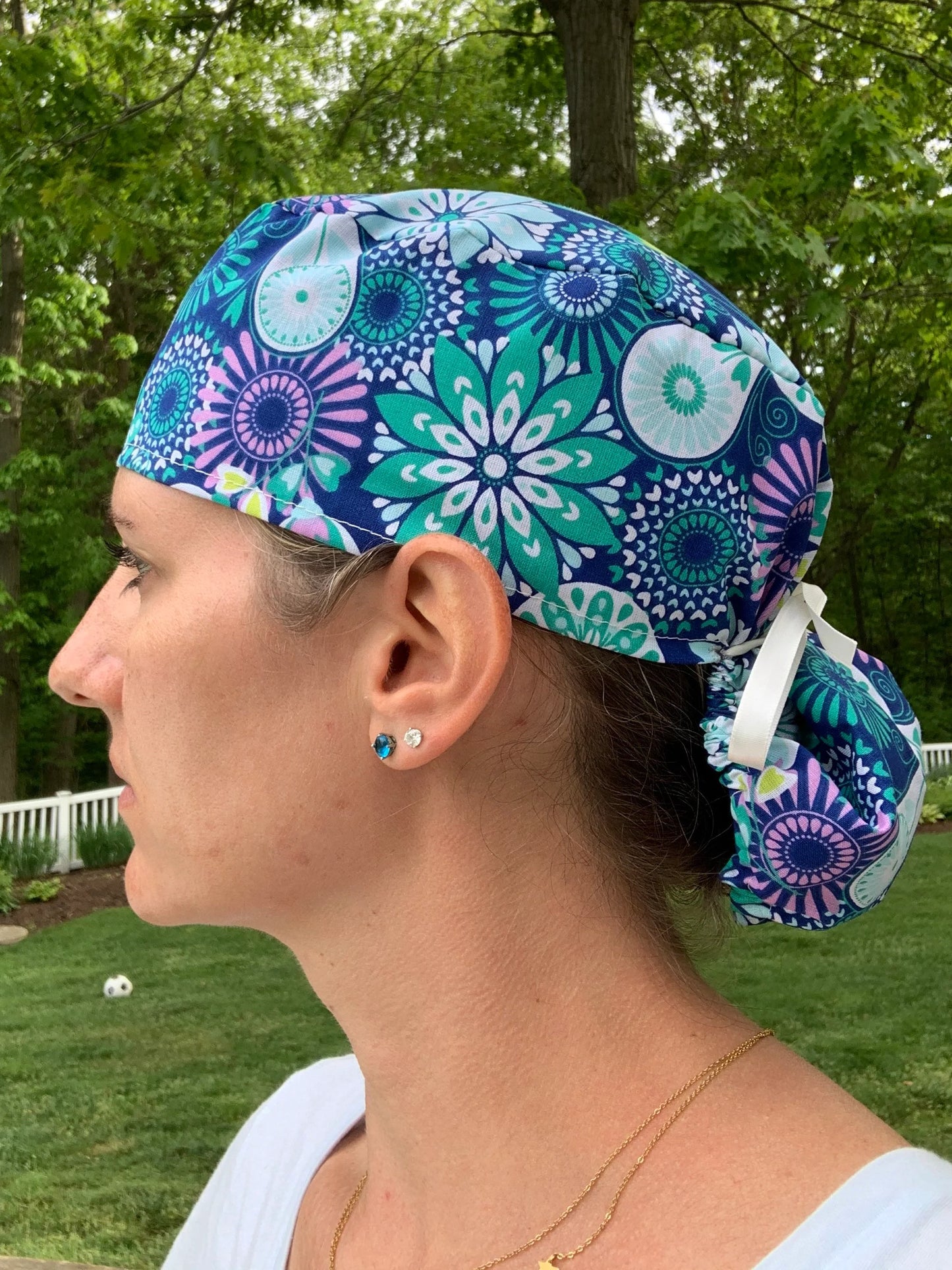 Blue purple navy medallions ponytail scrub cap womens
