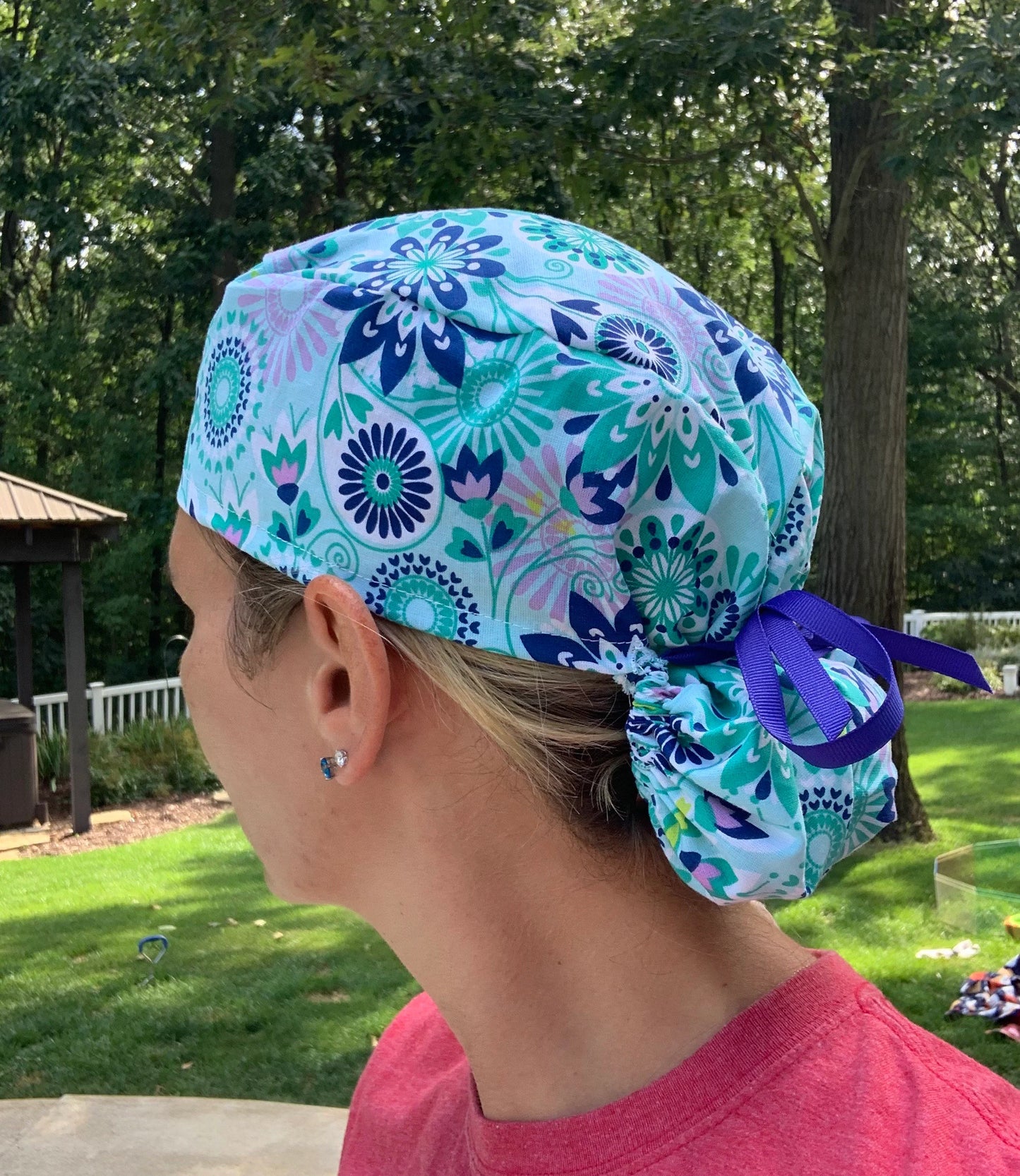 Blue aqua teal medallions pony tail ponytail scrub surgical surgery hat OR cap womens