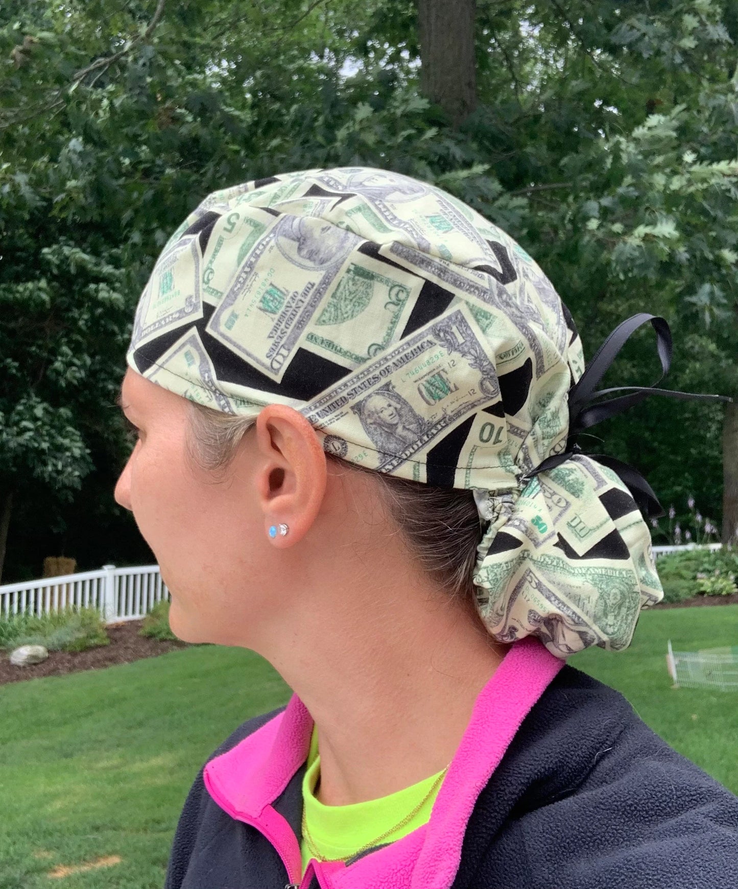 Money dollar bills ponytail scrub cap womens