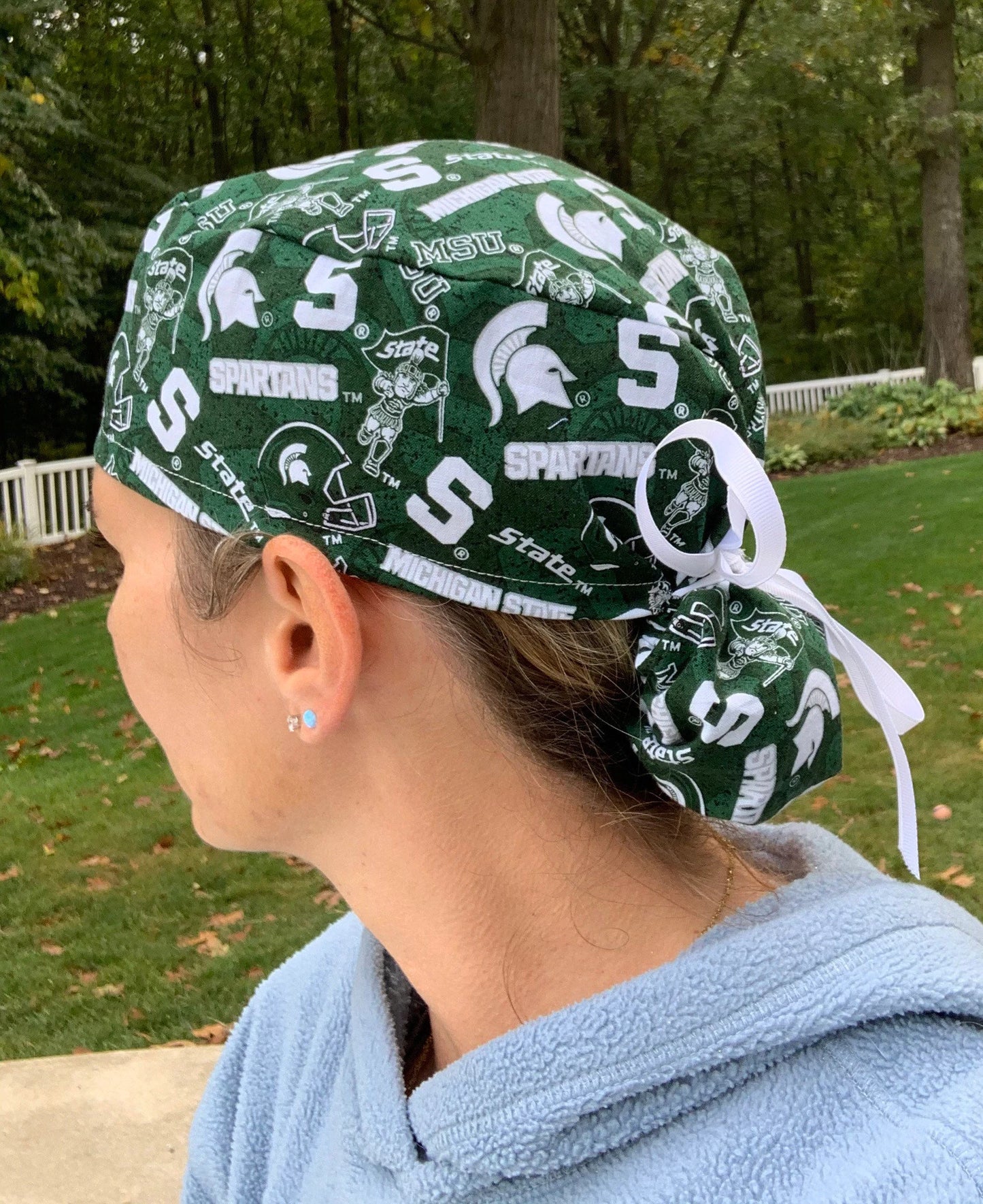 Michigan State University Spartans MSU green white ponytail scrub cap womens