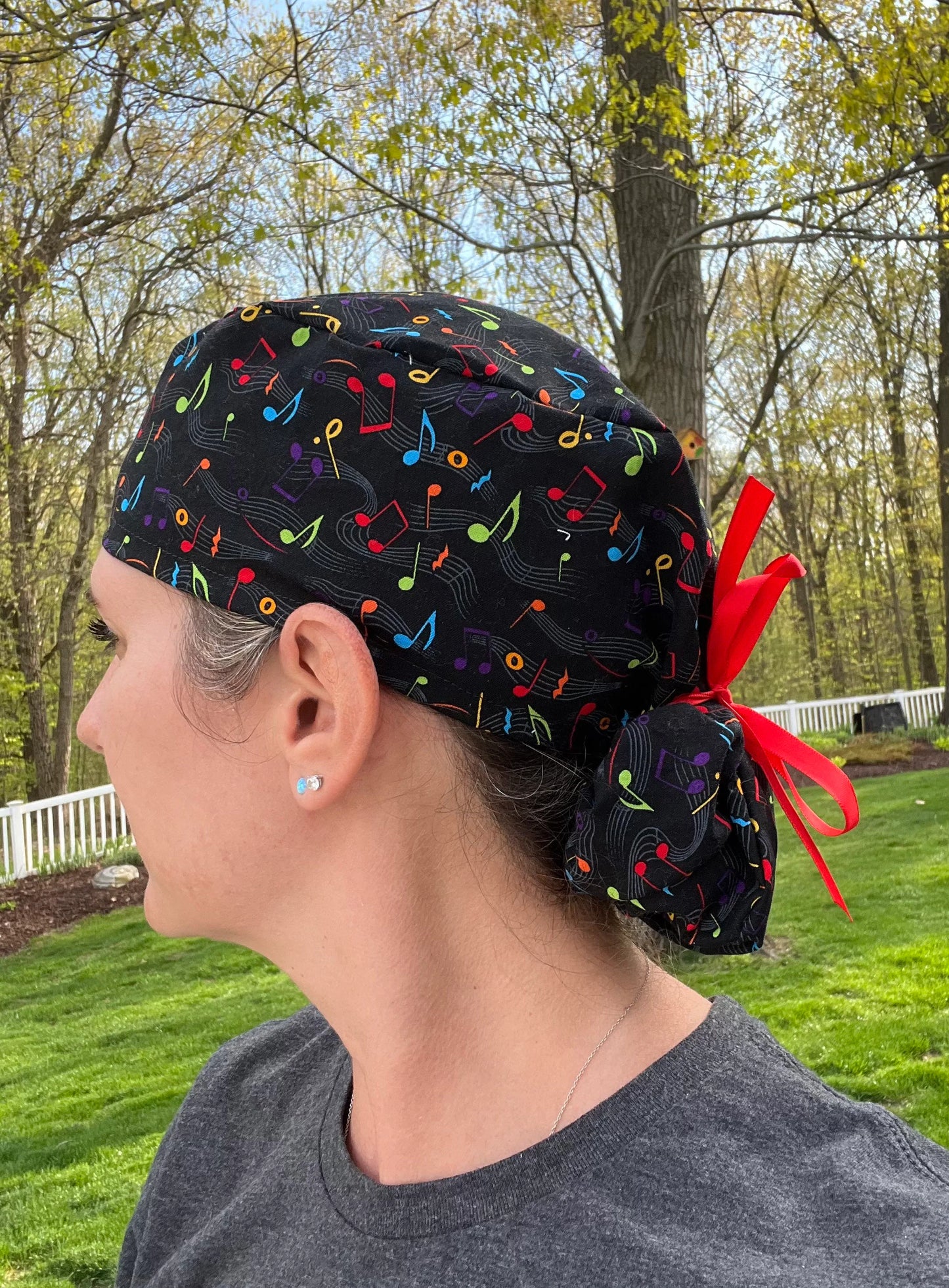 Music notes ponytail scrub cap womens