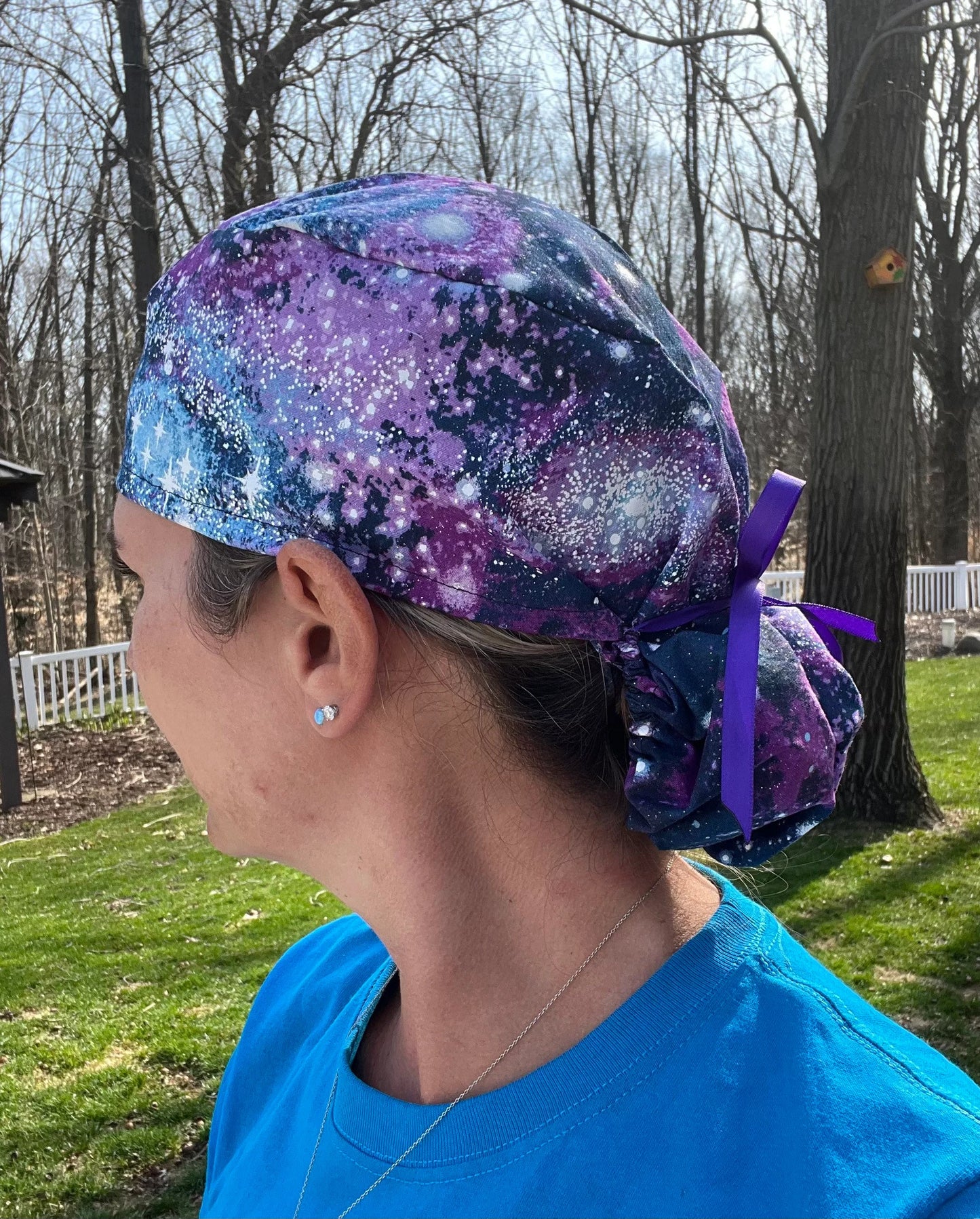 Galaxy blue sparkle glitter universe ponytail scrub cap womens