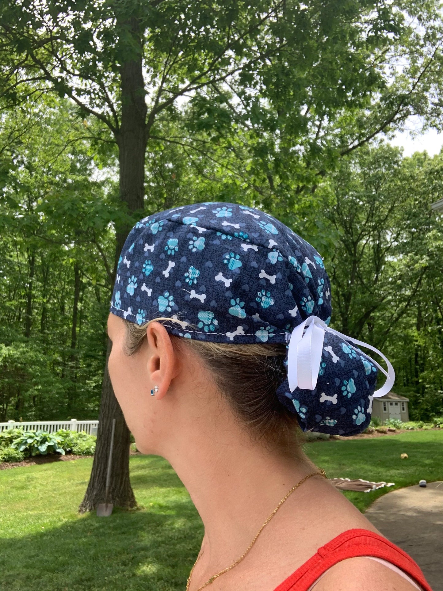 Dog paw bones blue ponytail cap womens