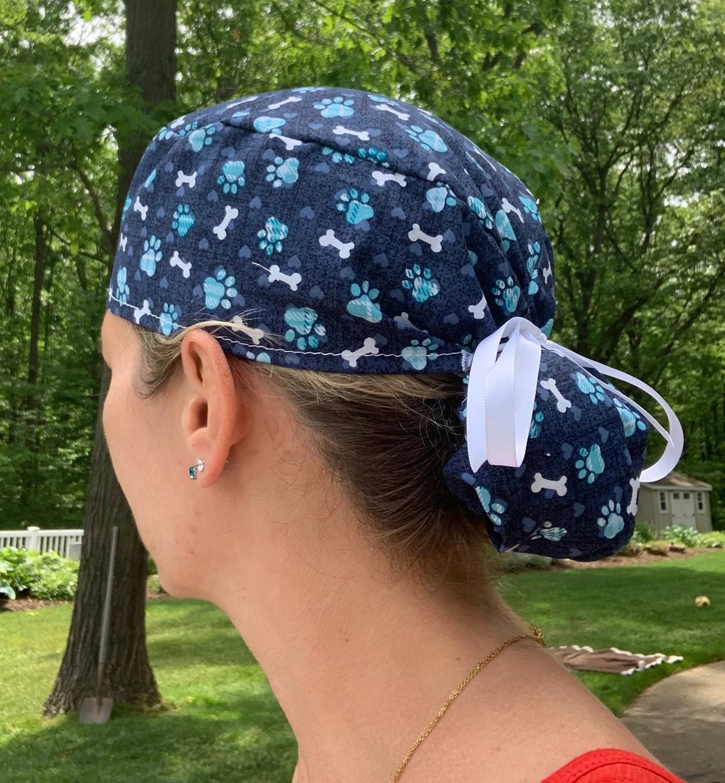 Dog paw bones blue ponytail cap womens