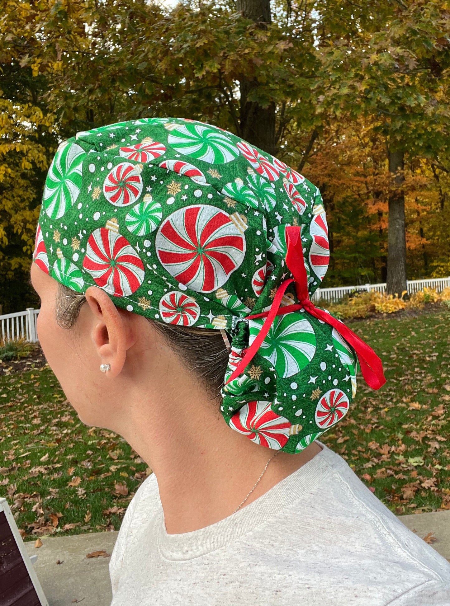 Peppermint christmas ponytail scrub cap womens
