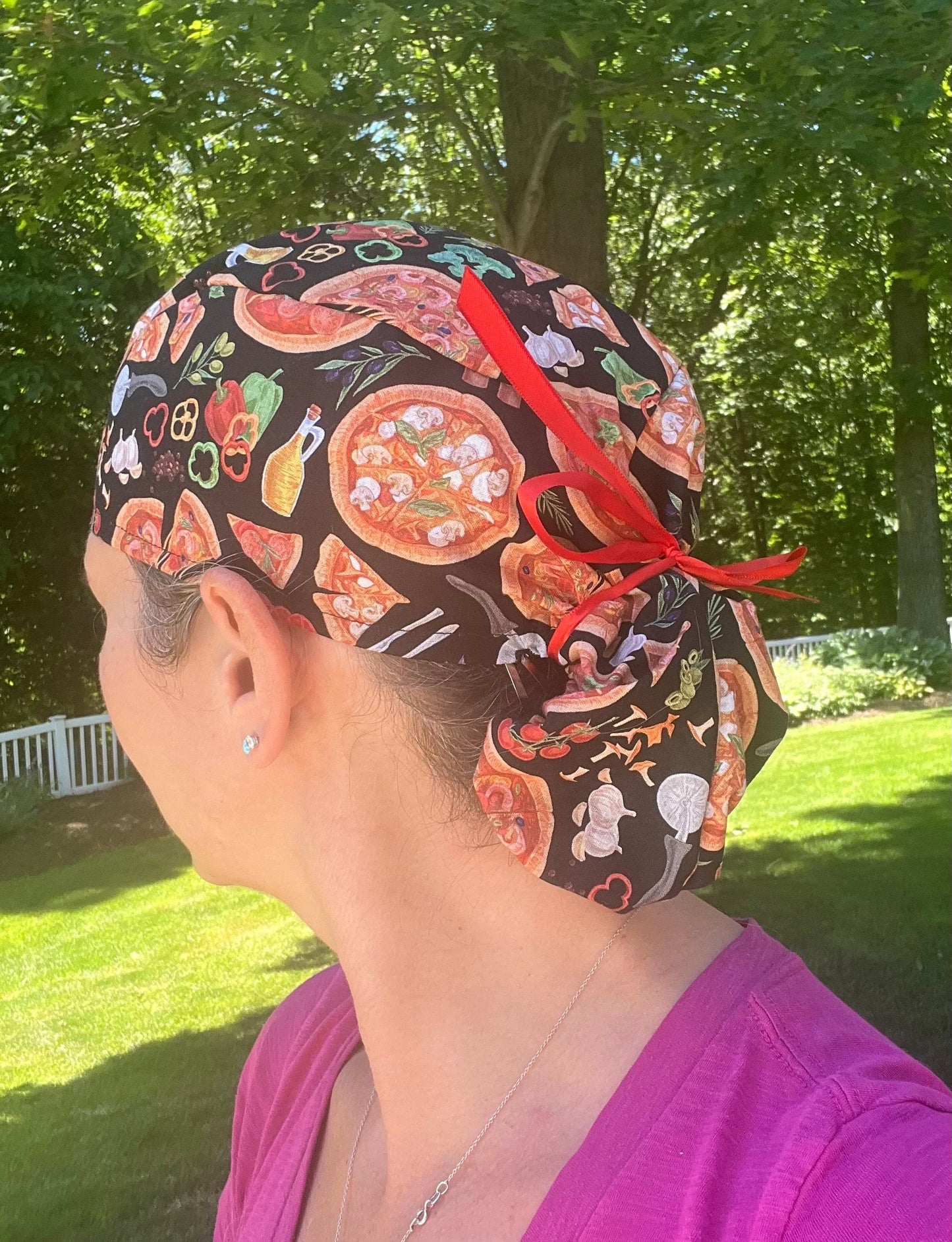 Pizza pepperoni veggies ponytail scrub cap womens