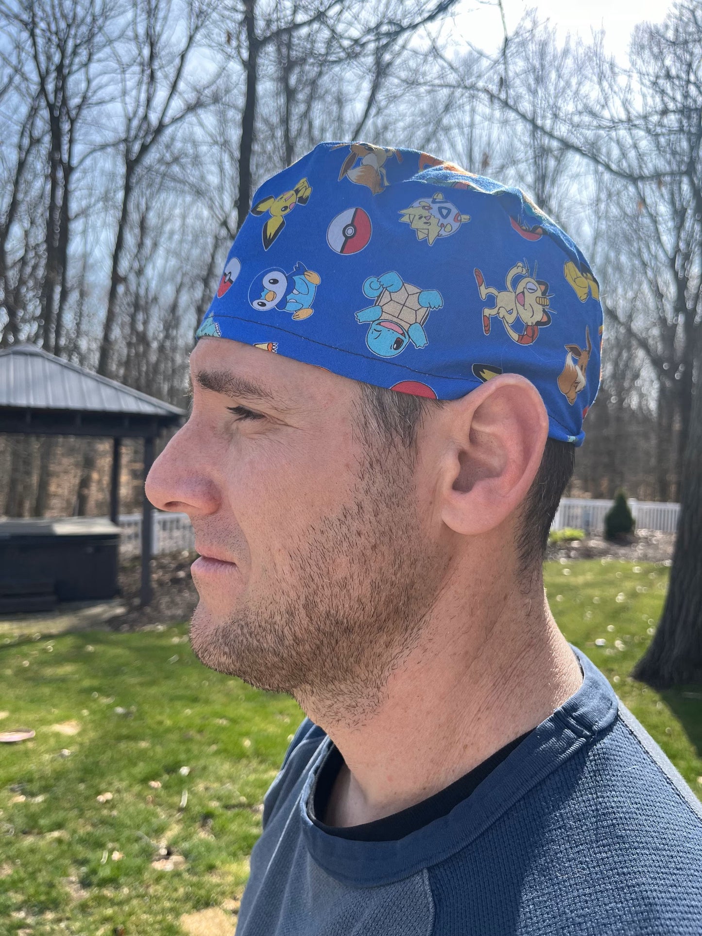 Trading card characters blue skull scrub cap mens