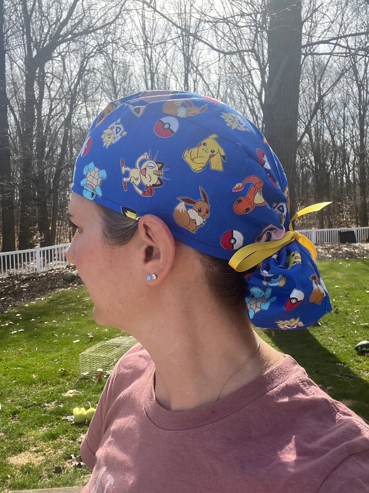 Trading card characters blue pony tail ponytail scrub cap womens