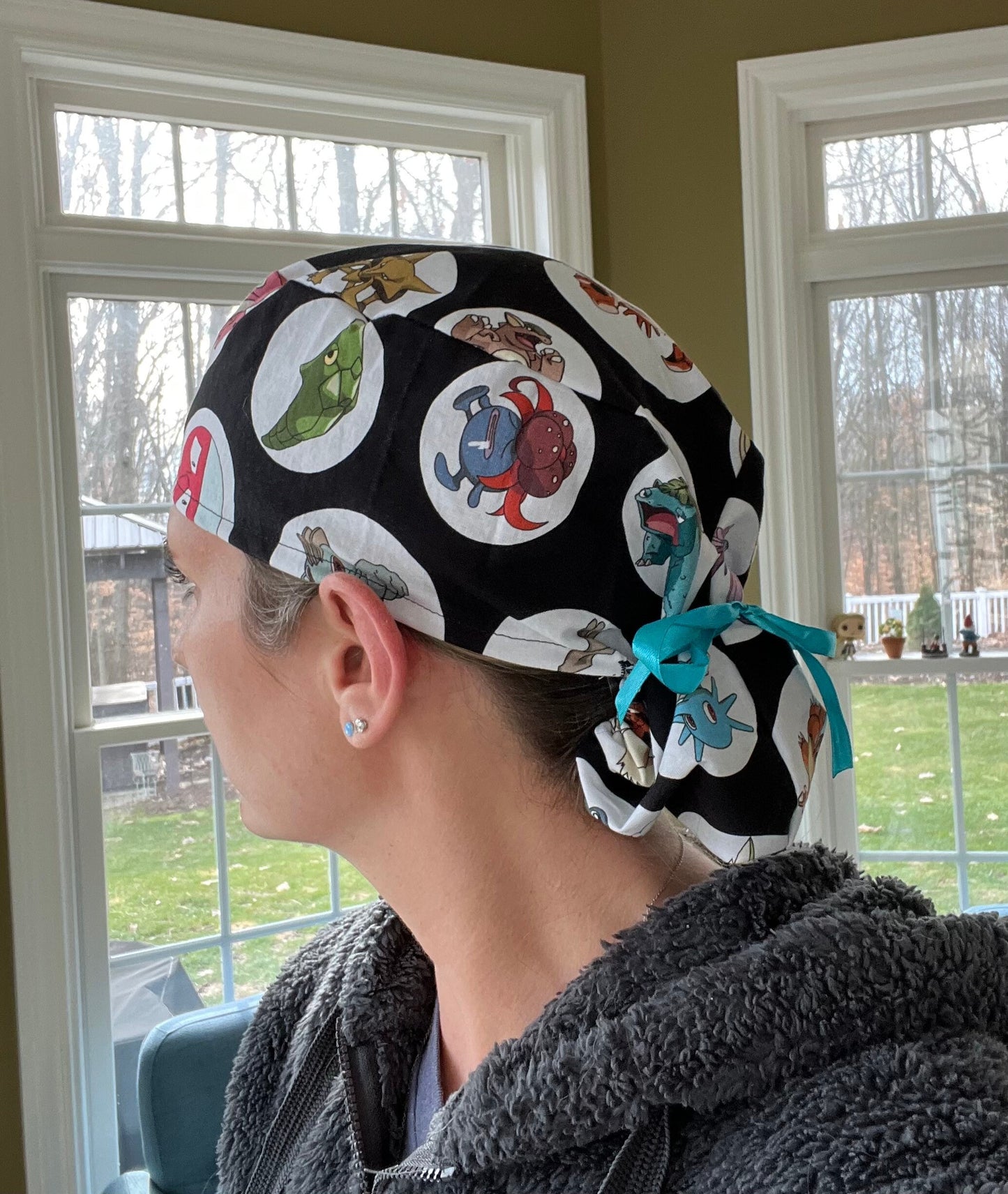 Trading card characters ponytail scrub cap womens