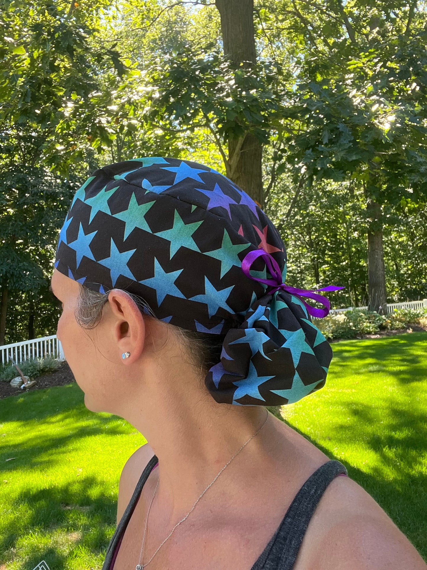 Pride rainbow stars ponytail scrub cap womens