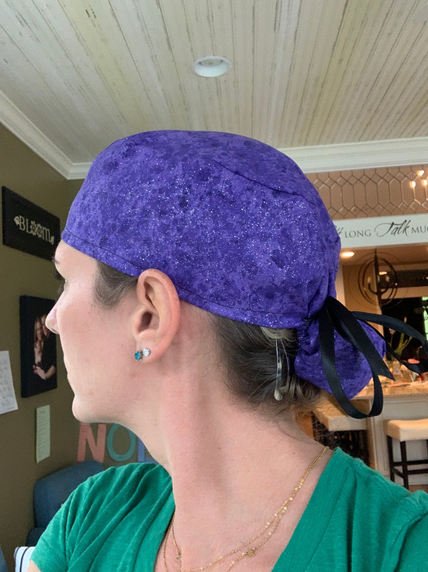 Purple glitter ponytail scrub cap womens