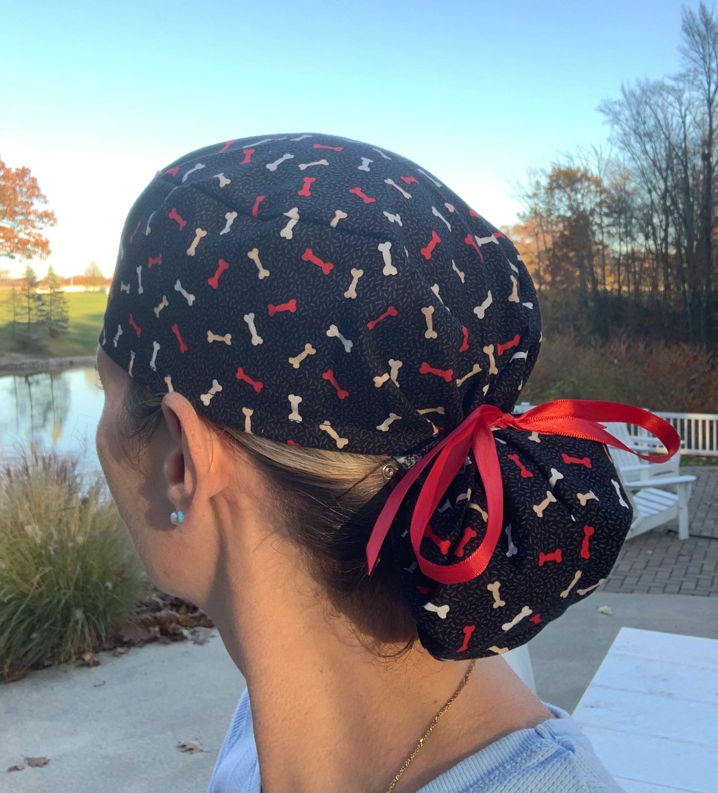 Bones black red ponytail scrub cap womens