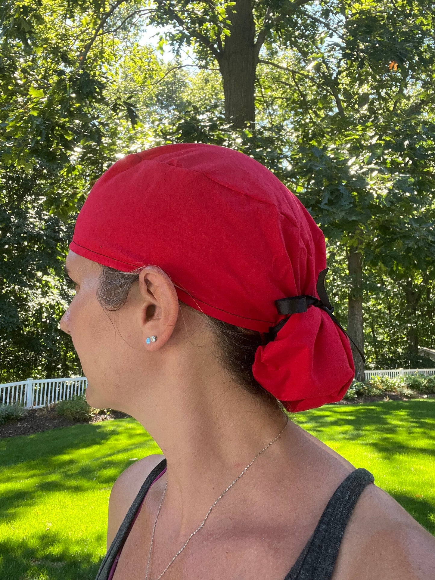 Red solid plain ponytail scrub cap womens