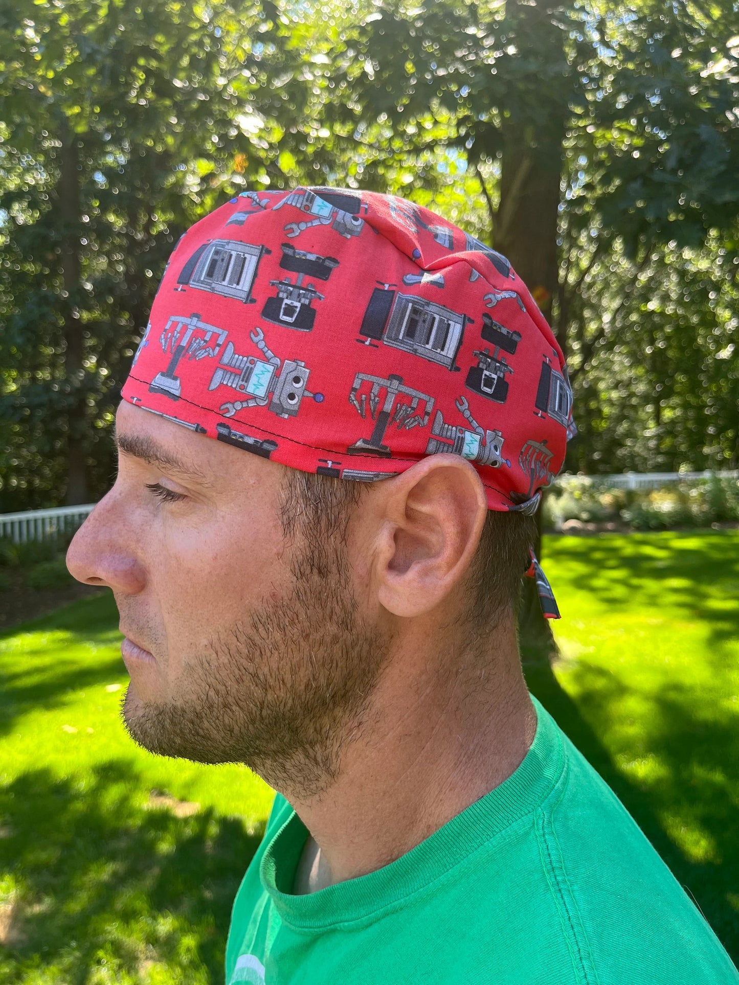 Da Vinci robot surgeon red skull scrub cap mens