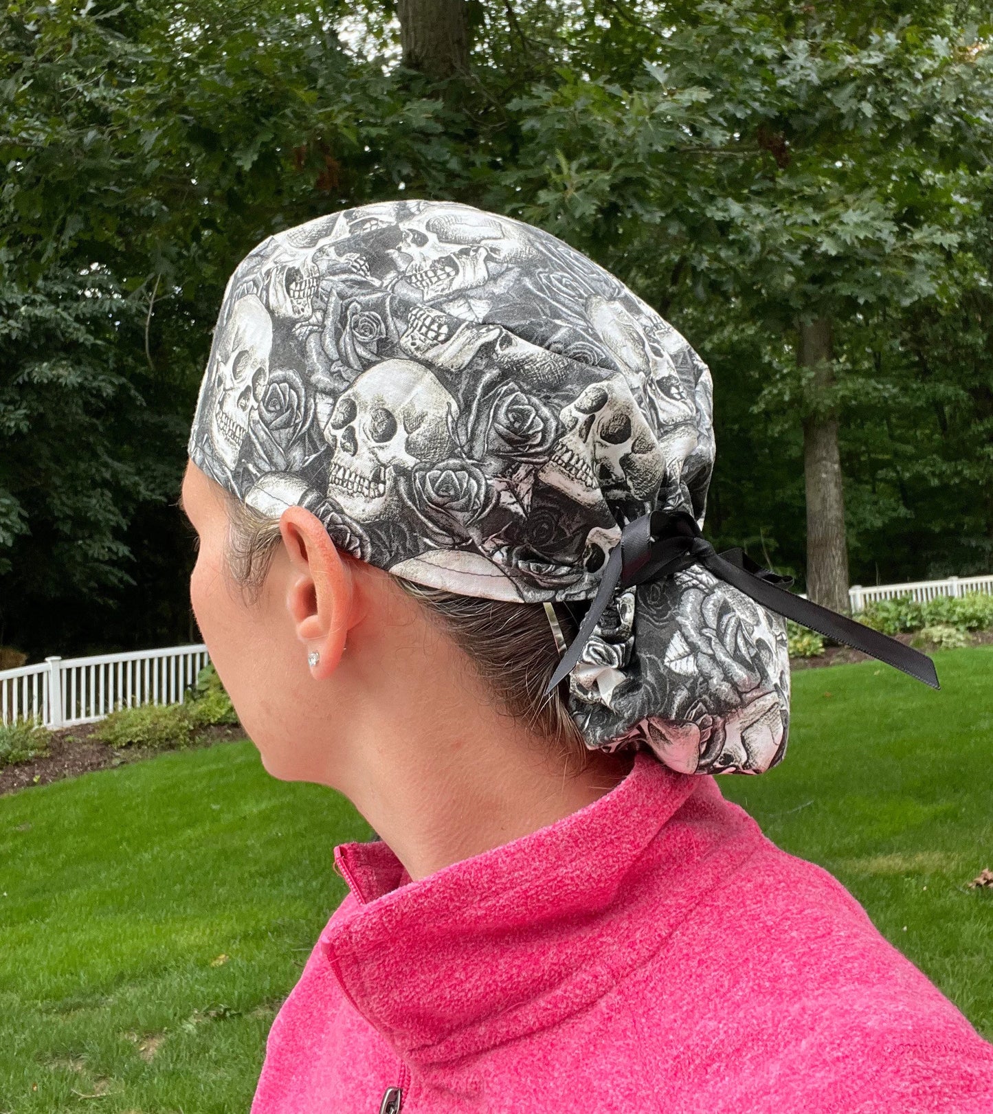 Skull roses ponytail scrub cap womens