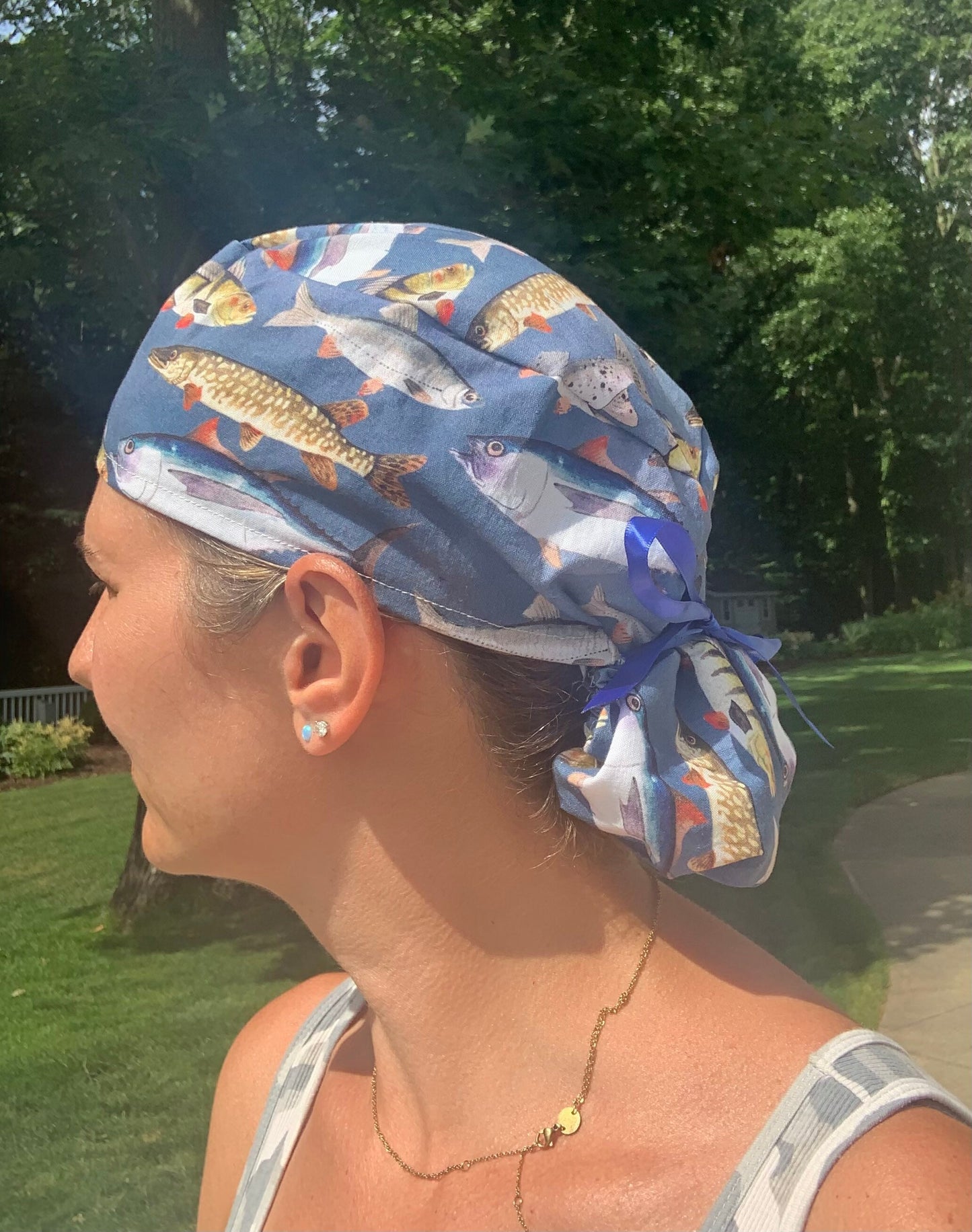 Fishing salmon trout ponytail scrub cap womens