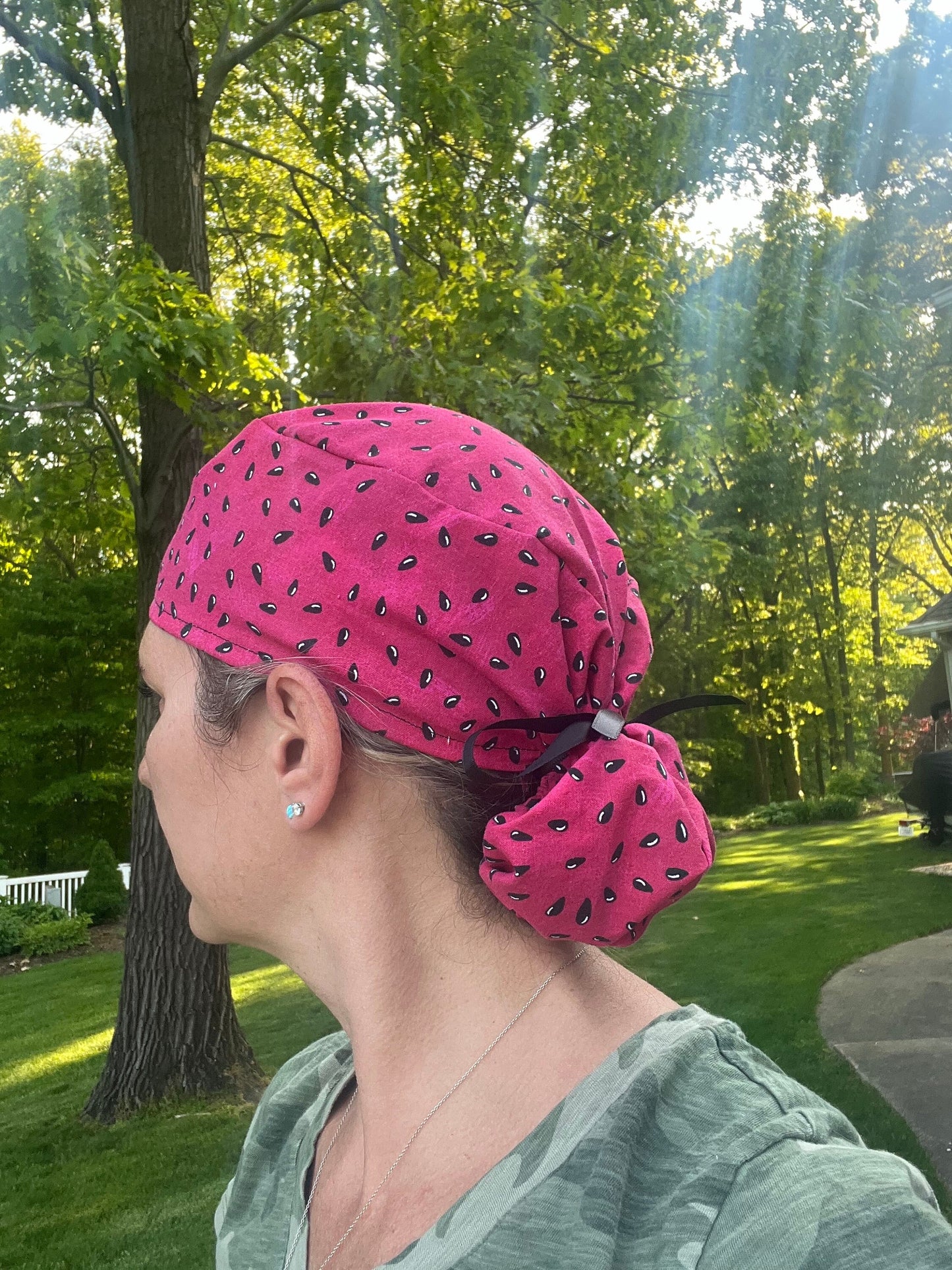 Watermelon seeds red ponytail scrub cap womens