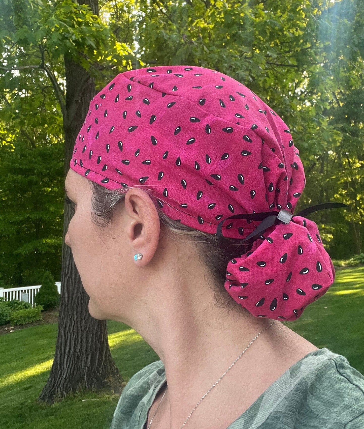 Watermelon seeds red ponytail scrub cap womens