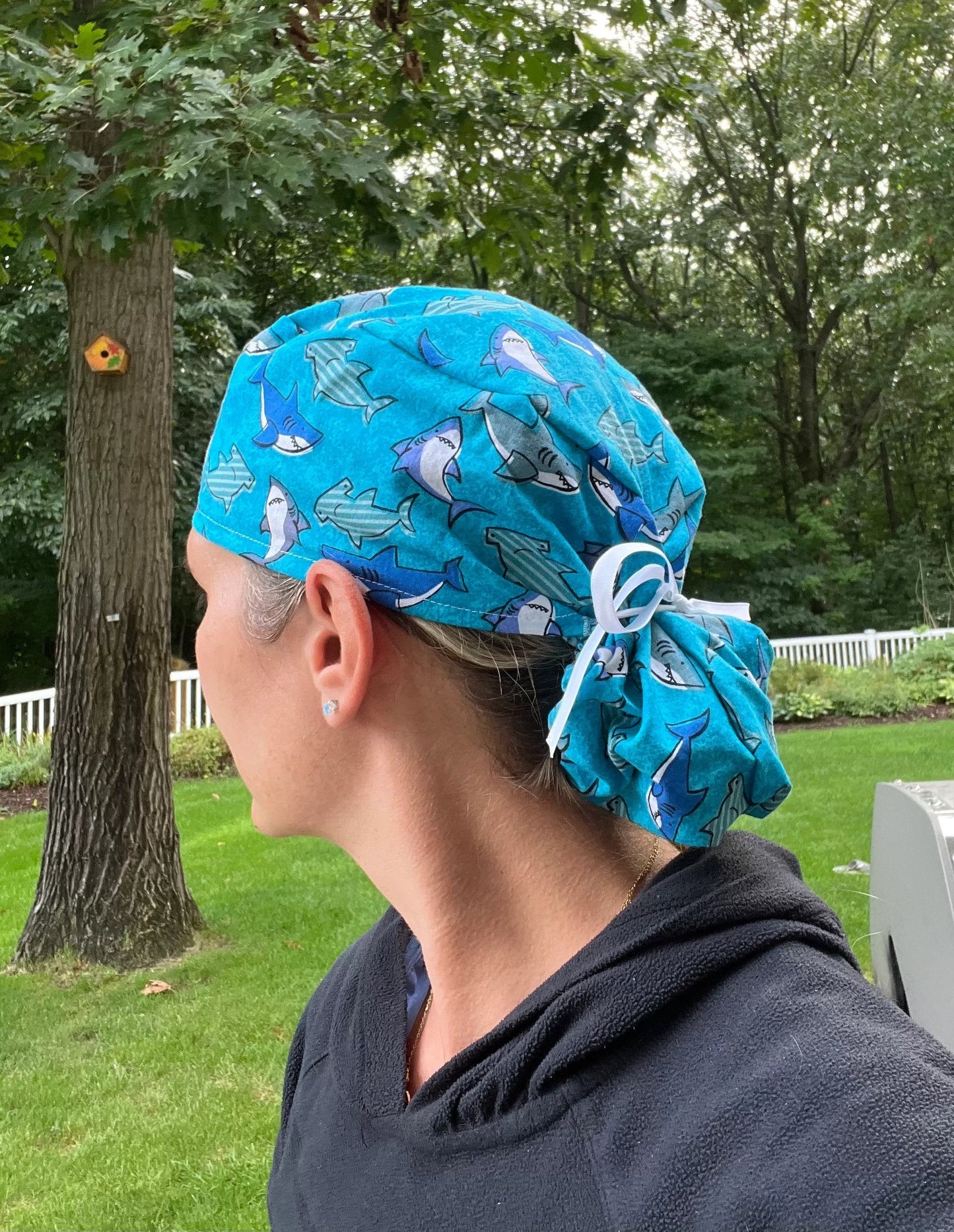 Sharks blue ocean ponytail scrub cap womens