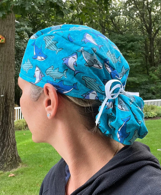 Sharks blue ocean ponytail scrub cap womens