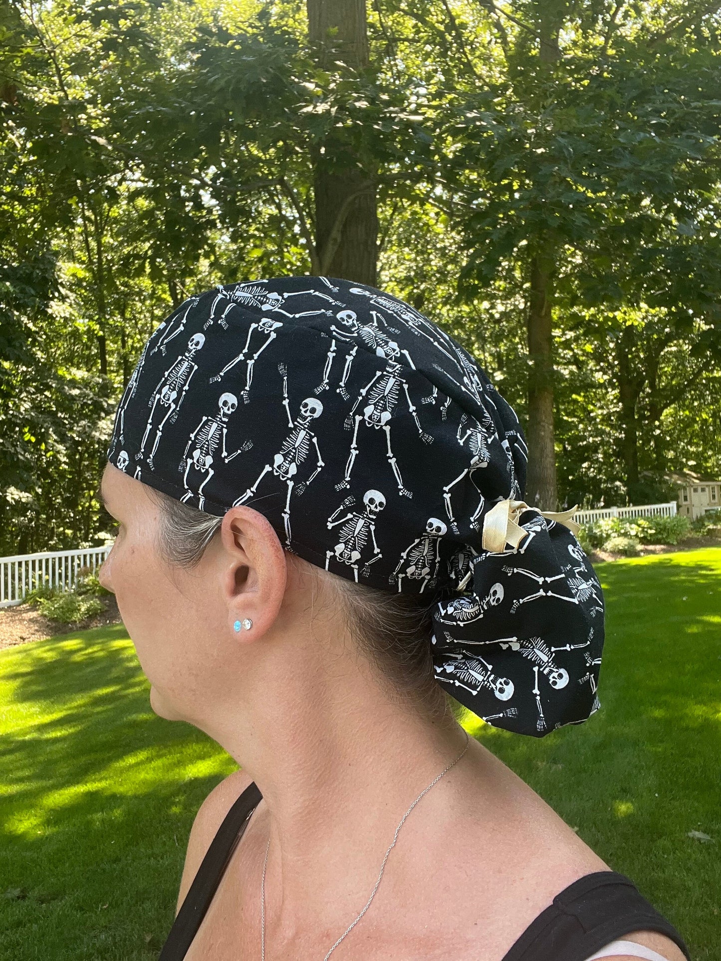 Skeleton bones ponytail scrub cap womens