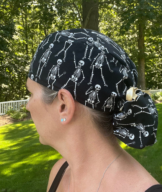 Skeleton bones ponytail scrub cap womens