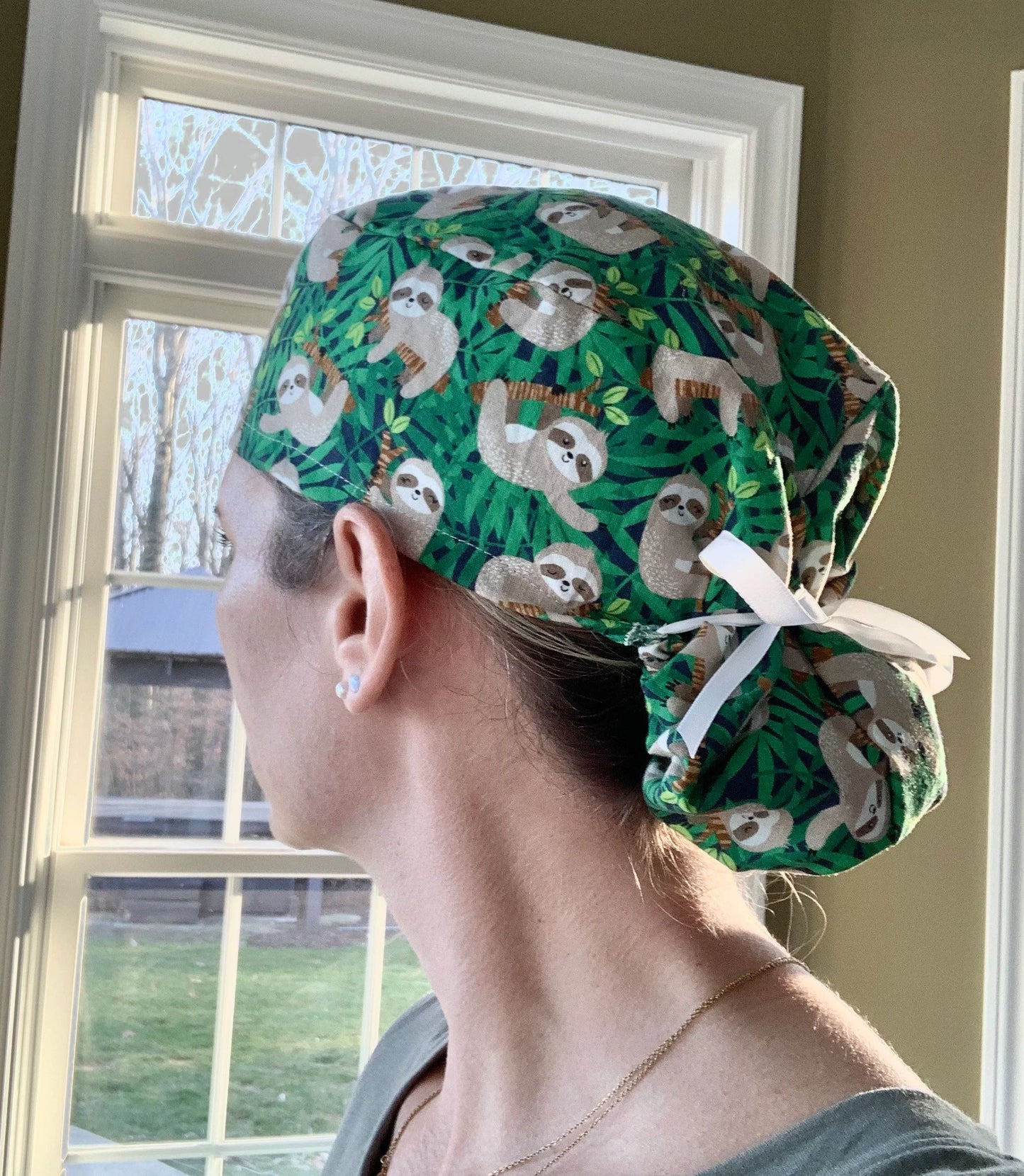 Sloths jungle ponytail scrub cap womens