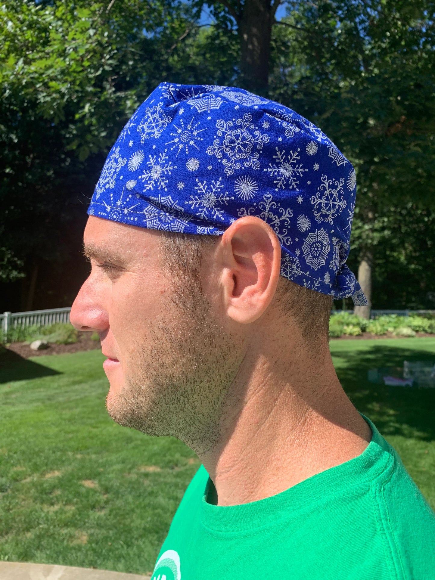 Blue silver snowflakes christmas hannukah skull scrub cap mens
