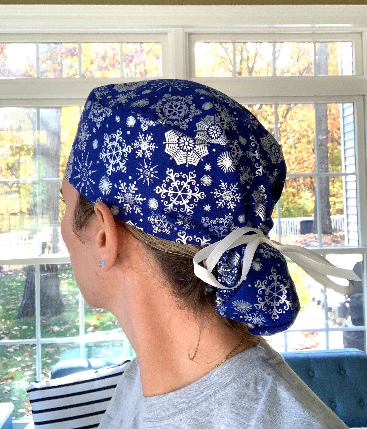 Blue silver snowflake christmas hannukah ponytail scrub cap womens