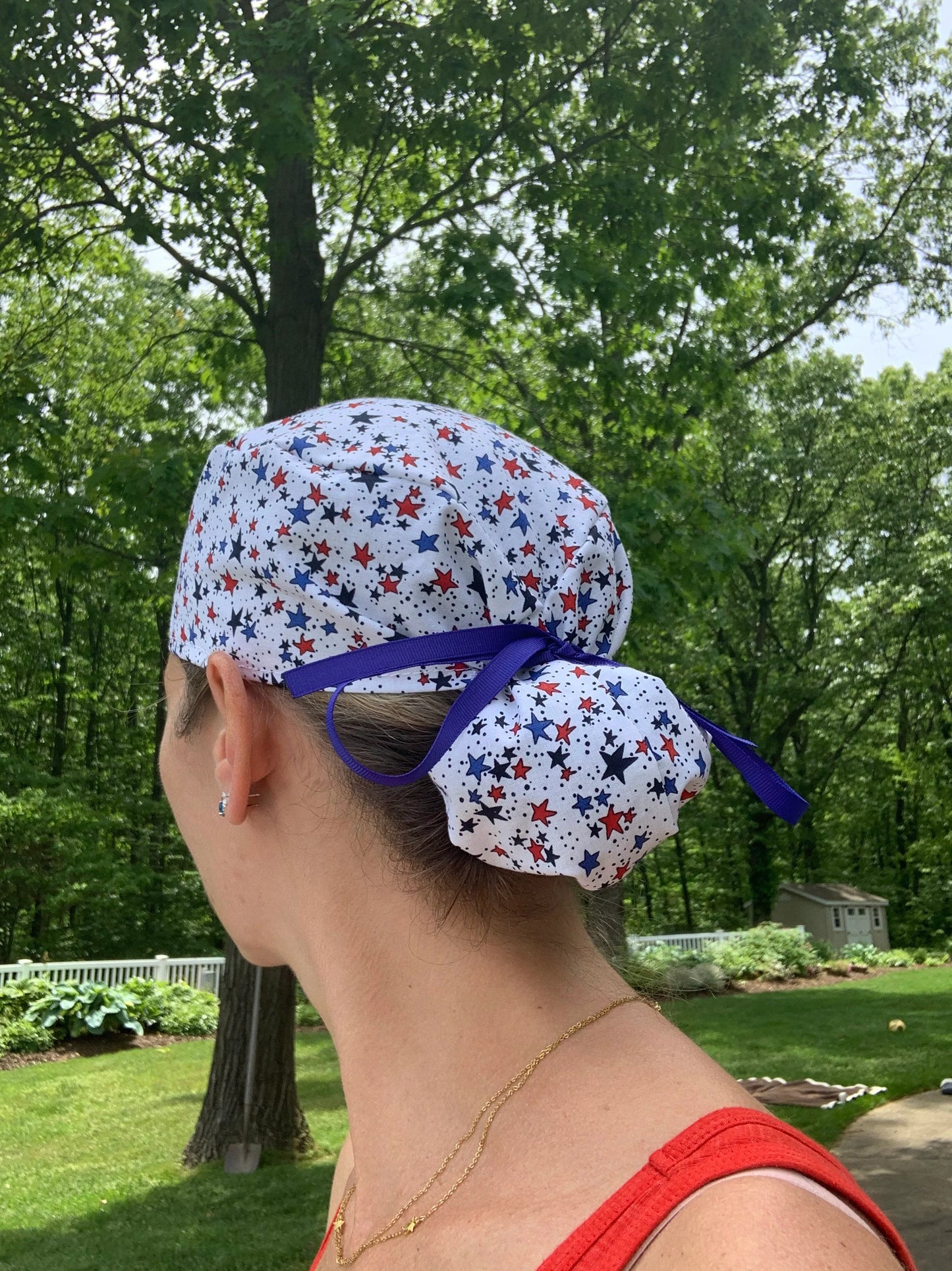 Stars patriotic 4th of july ponytail scrub cap womens