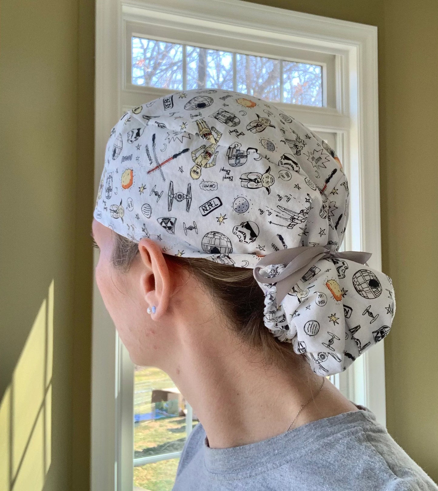 Star Wars pew pew tie fighter droids ponytail scrub cap womens