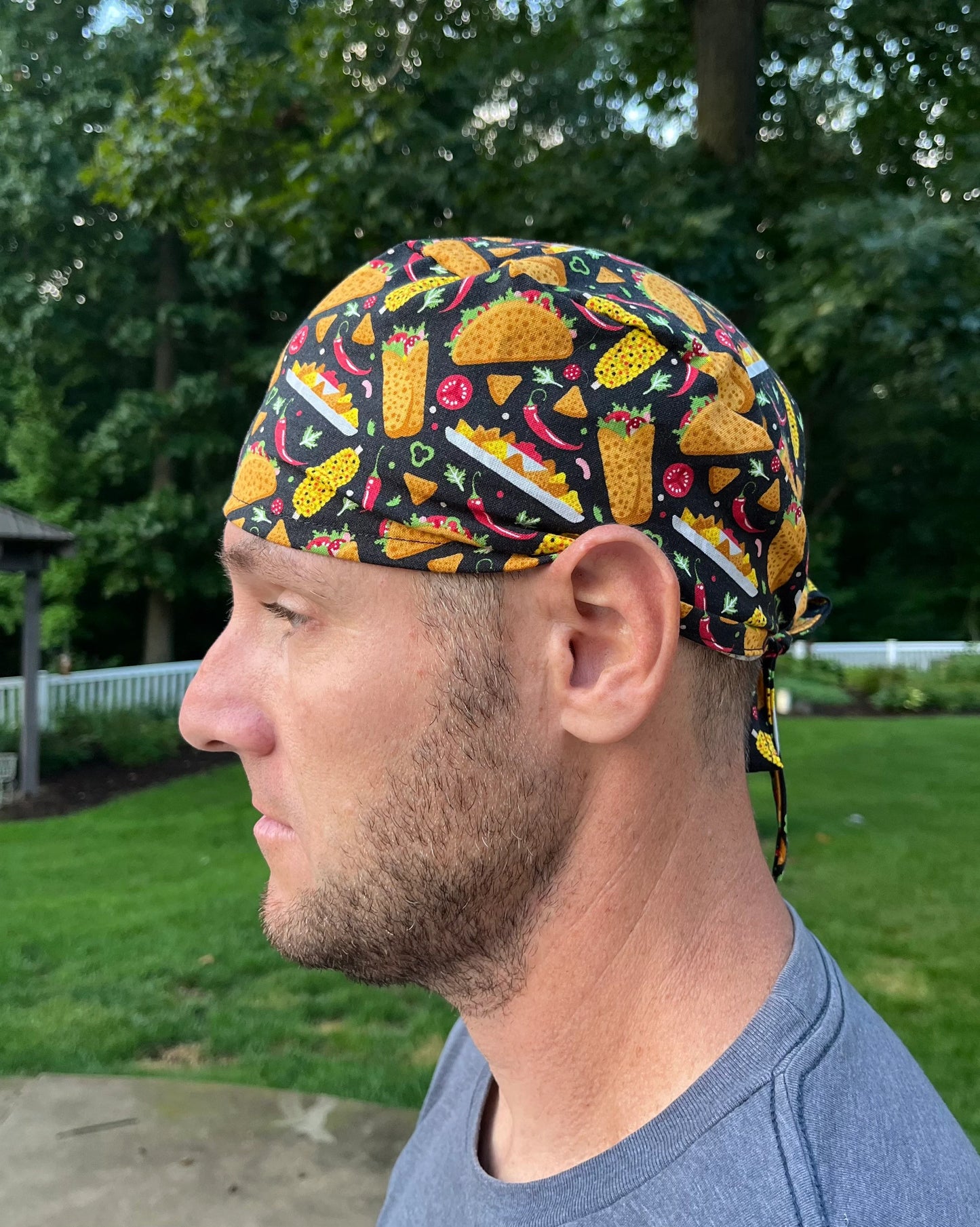Mexican street food tacos elote skull scrub cap mens