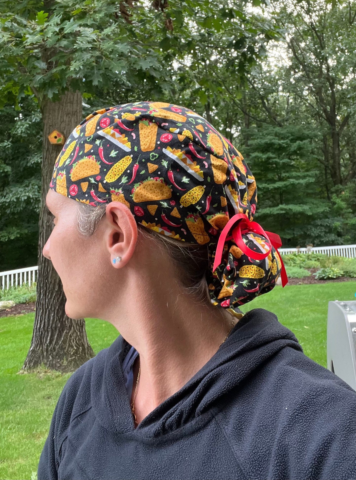 Mexican street food tacos elote ponytail scrub cap womens