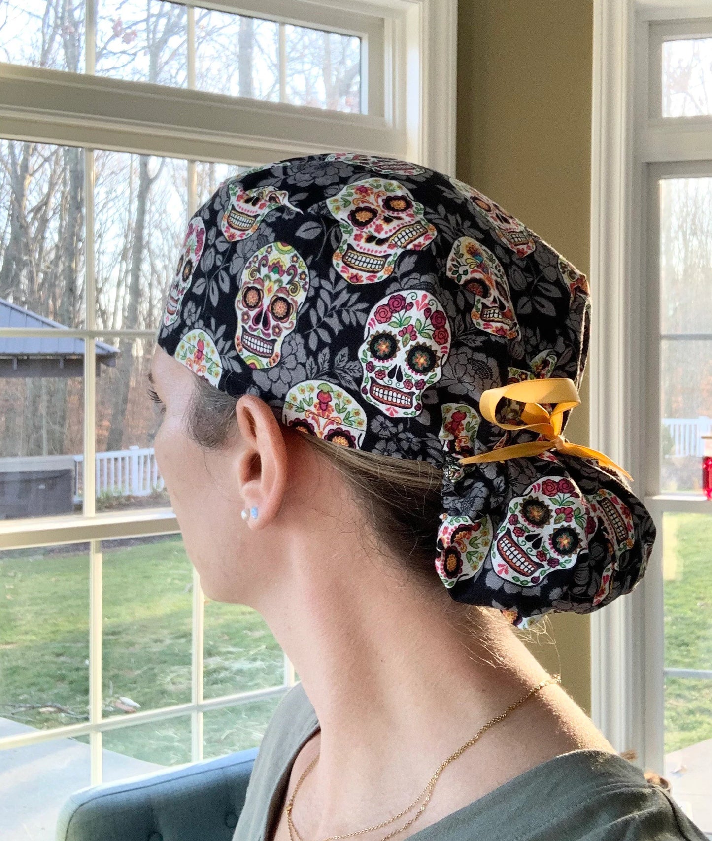 Sugar skulls candy ponytail scrub cap womens