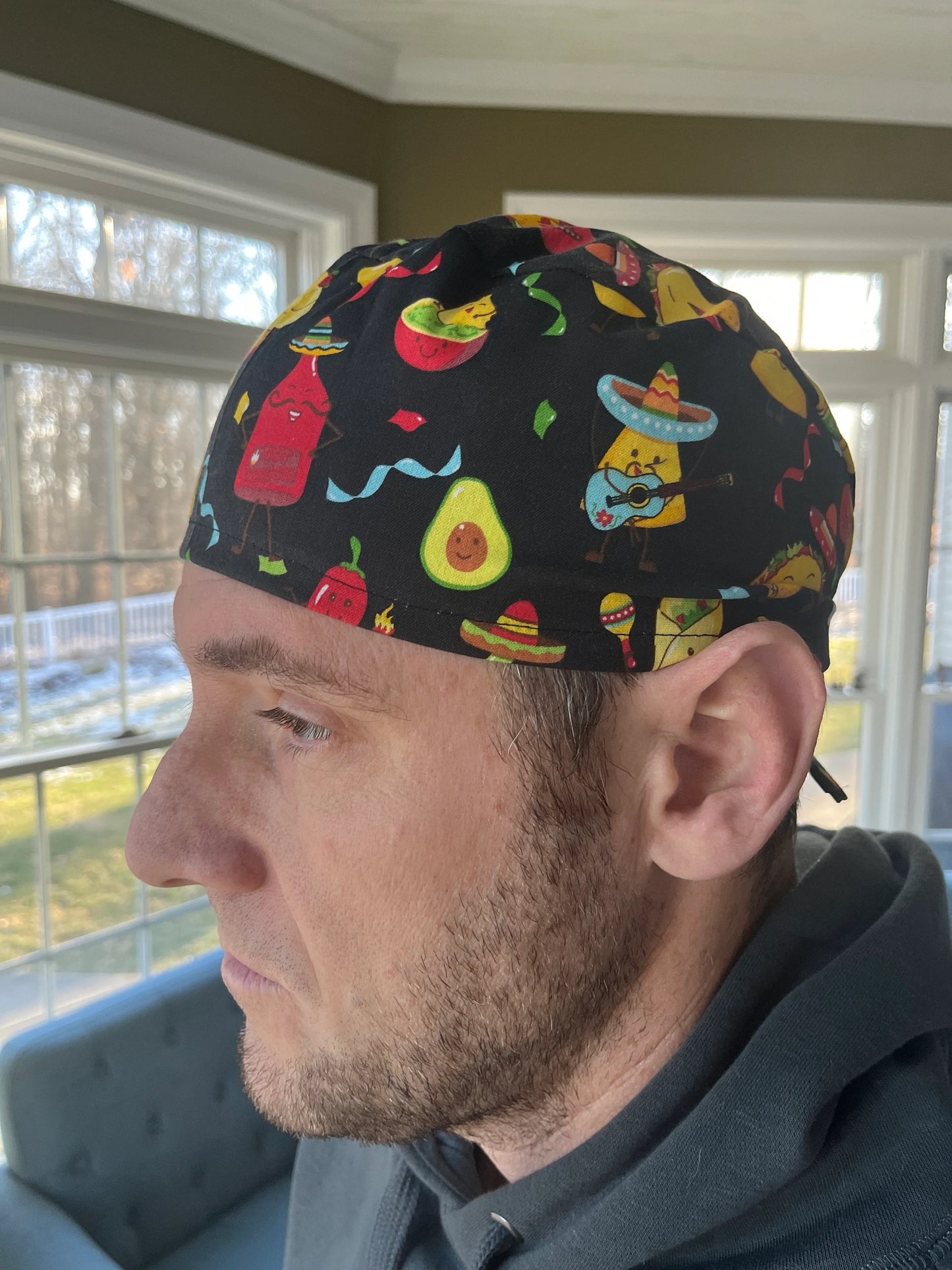 Taco party hot sauce pepper skull scrub cap mens