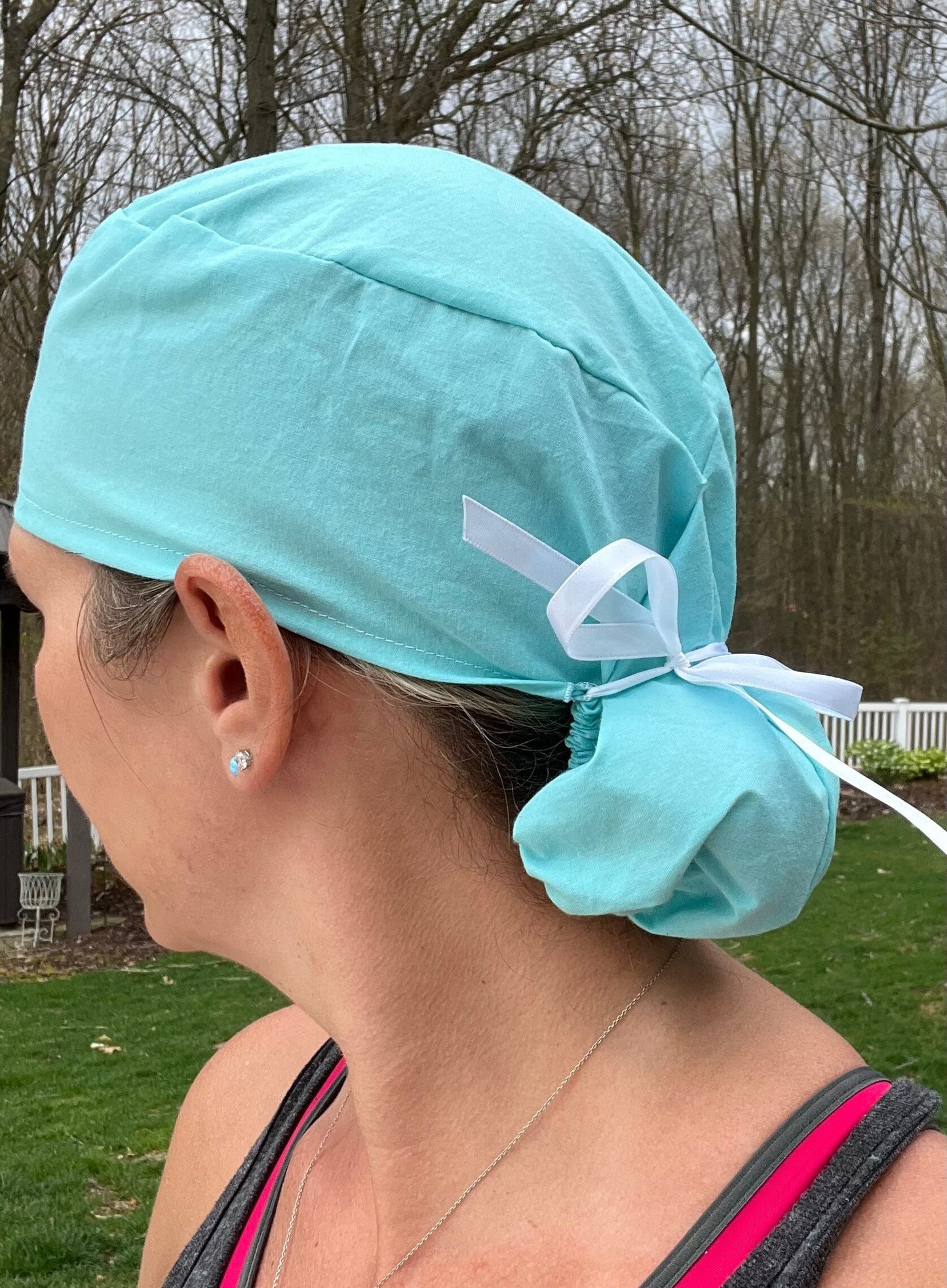 Aqua light teal solid plain ponytail scrub cap womens