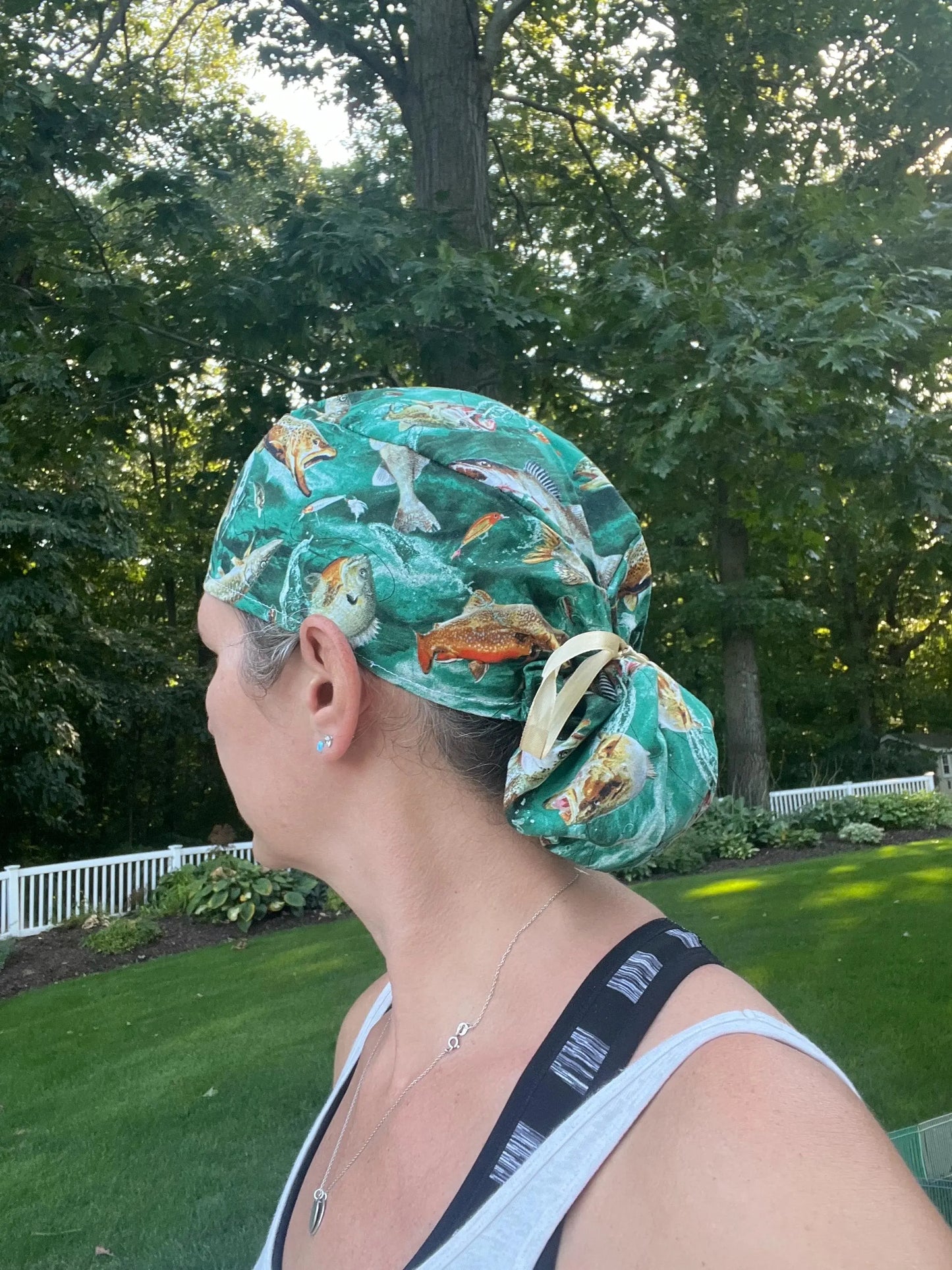 Fishing trout salmon ponytail scrub cap womens