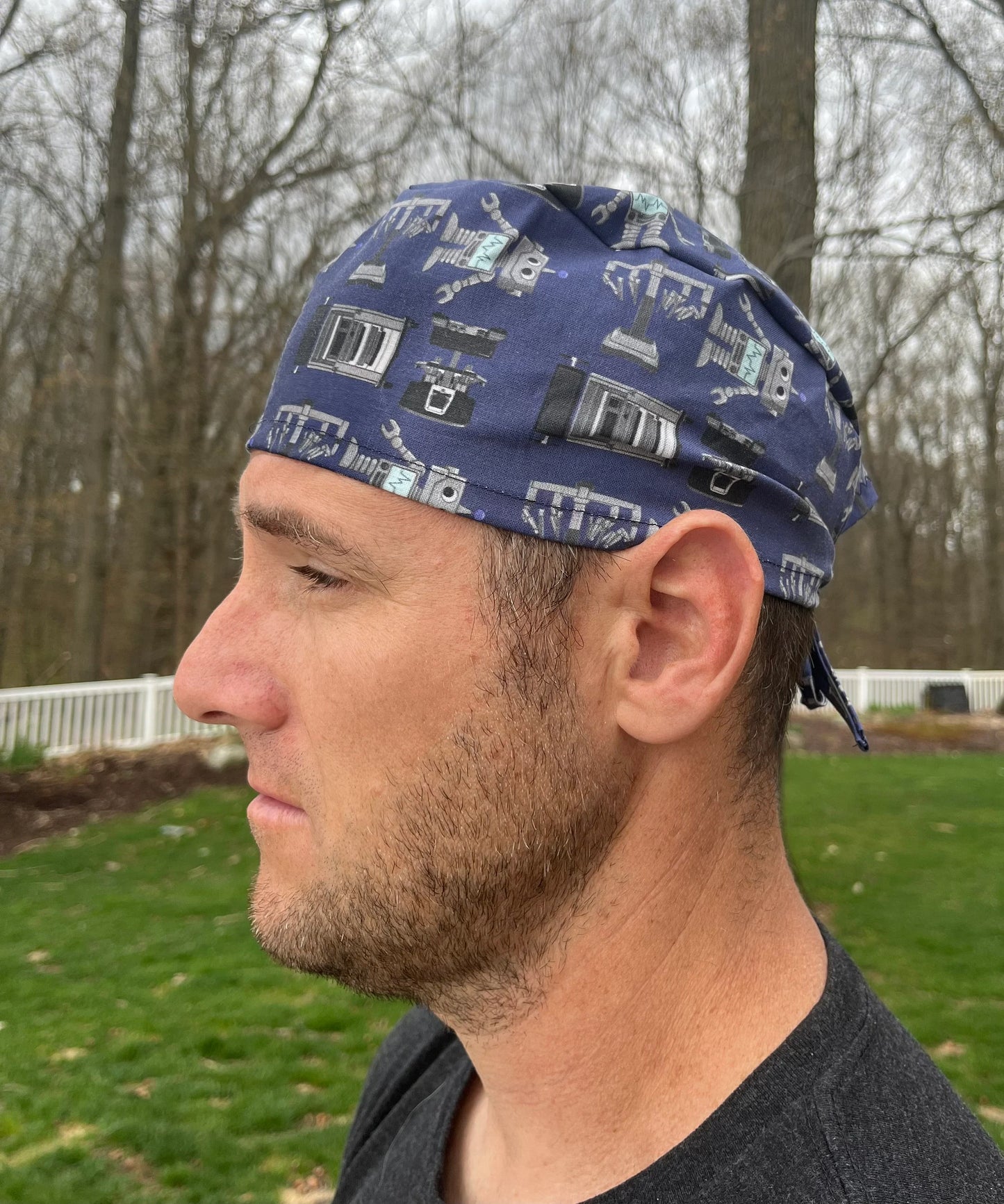 Da Vinci robot surgeon navy blue skull scrub cap mens