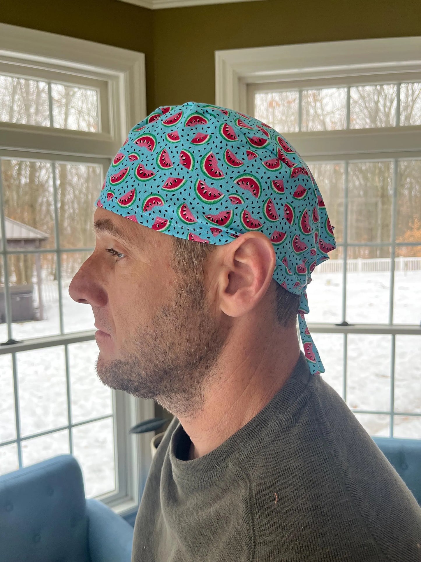 Watermelon blue skull scrub cap mens