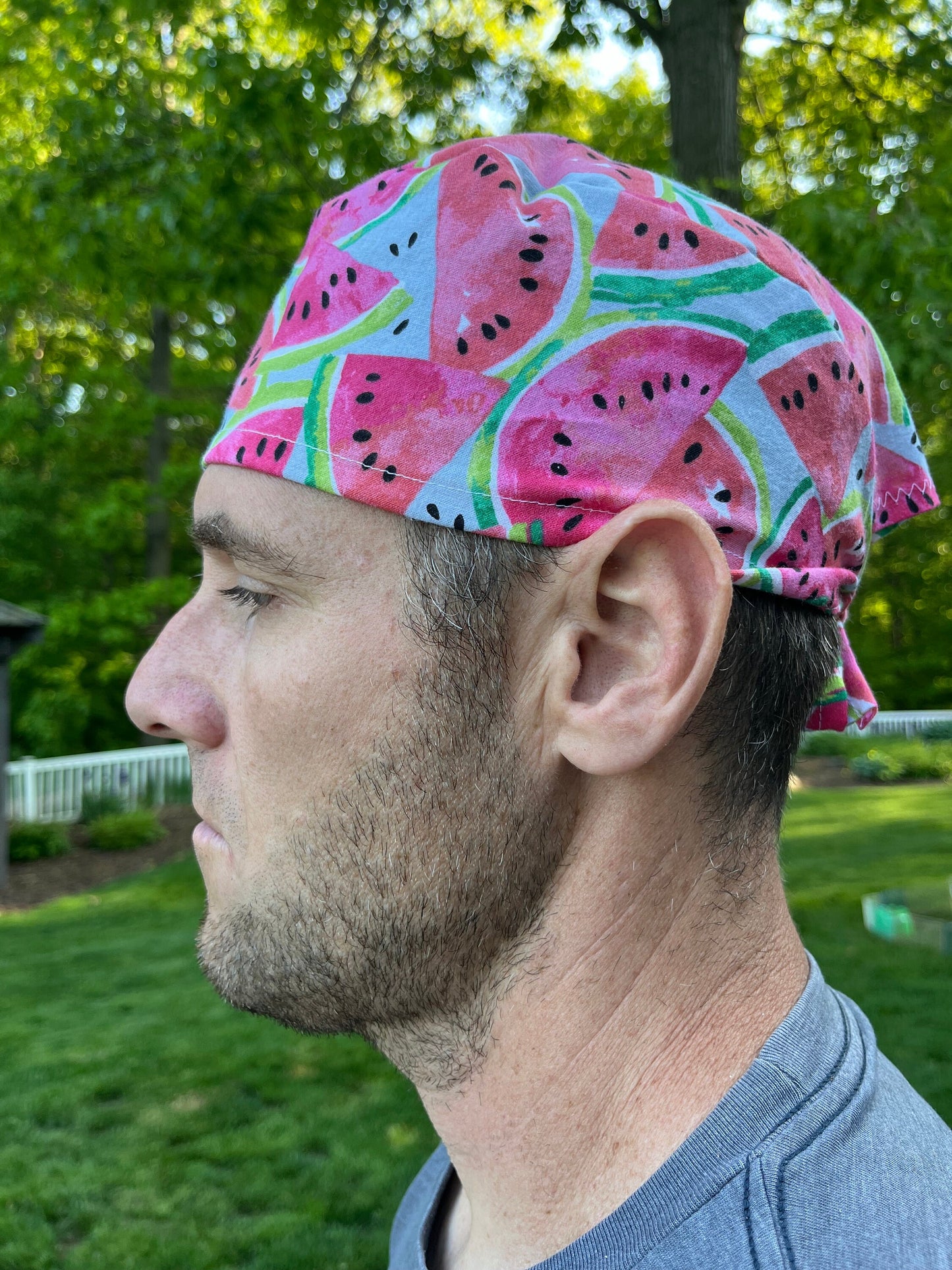 Watermelon pink slices skull scrub cap mens
