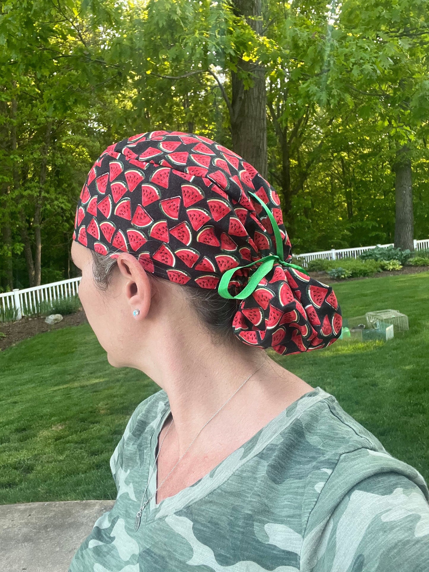 Watermelon black red ponytail scrub cap womens