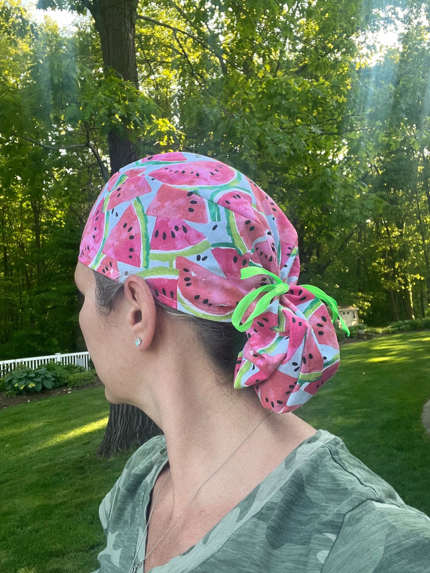 Watermelon pink slices ponytail scrub cap womens